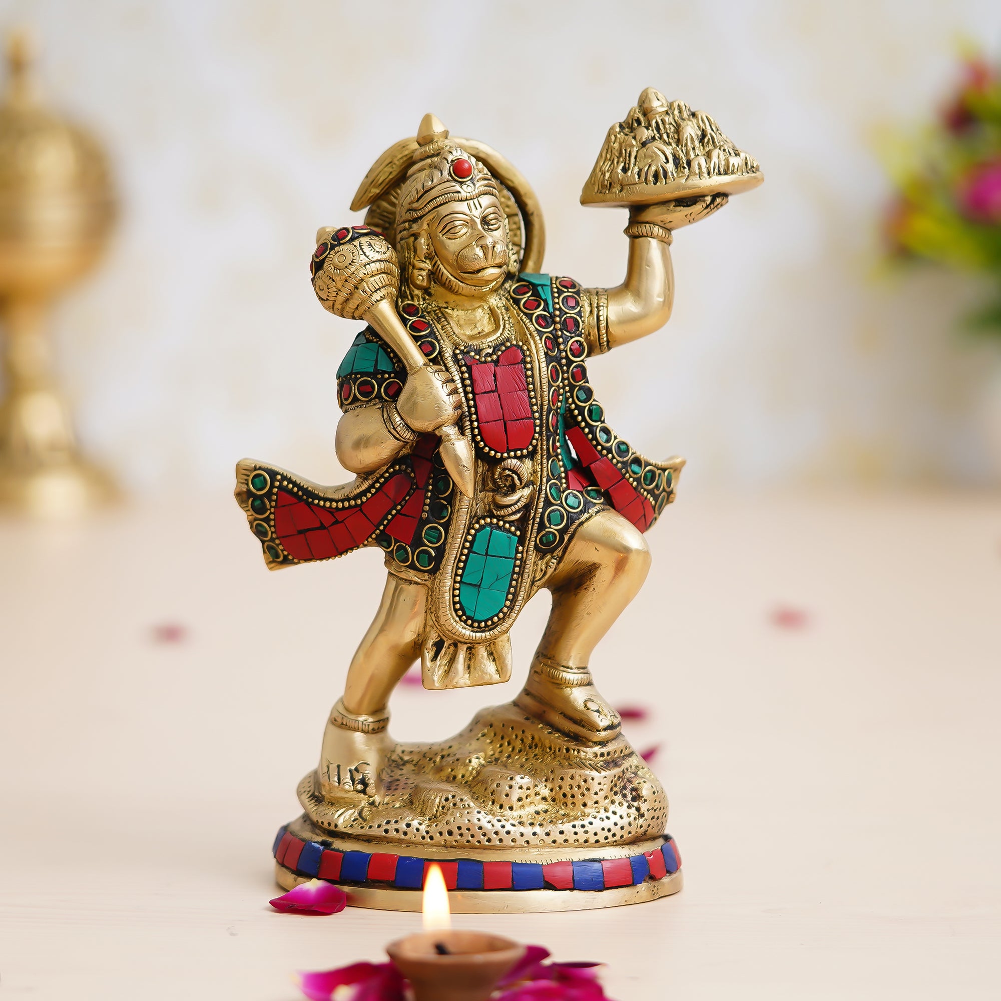 Colorful Stone Work Handcrafted Brass Lord Hanuman Statue Carrying Sanjeevani Mountain