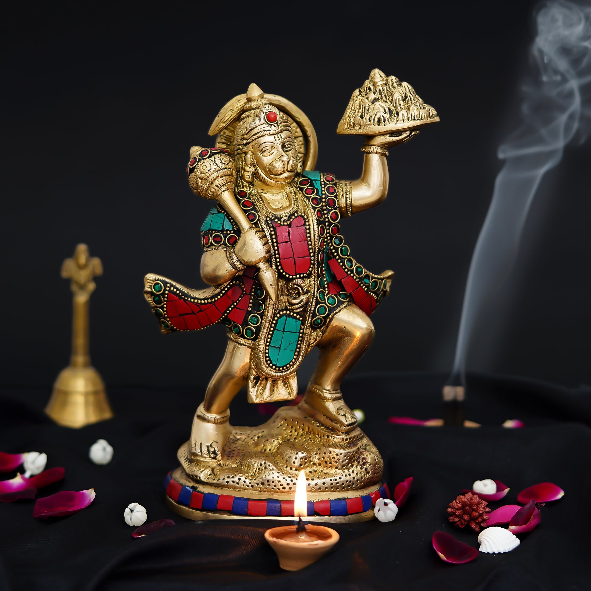 Colorful Stone Work Handcrafted Brass Lord Hanuman Statue Carrying Sanjeevani Mountain 1