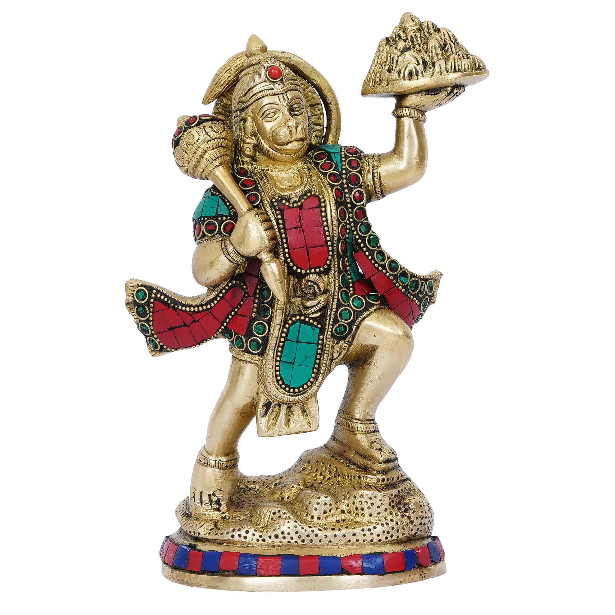 Colorful Stone Work Handcrafted Brass Lord Hanuman Statue Carrying Sanjeevani Mountain 2