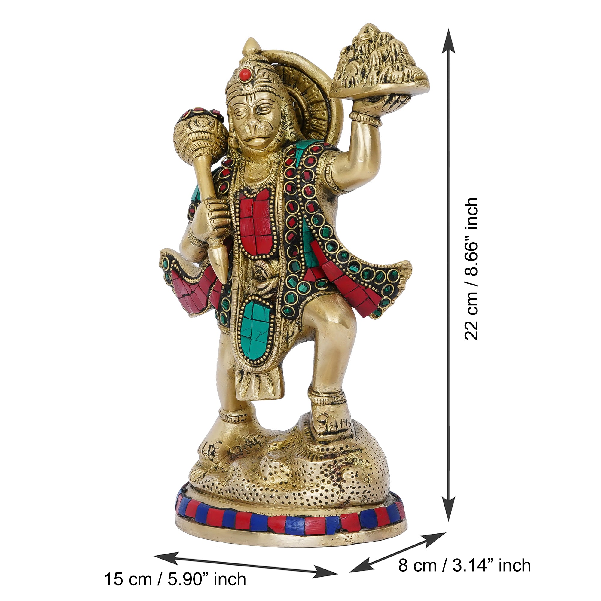 Colorful Stone Work Handcrafted Brass Lord Hanuman Statue Carrying Sanjeevani Mountain 3