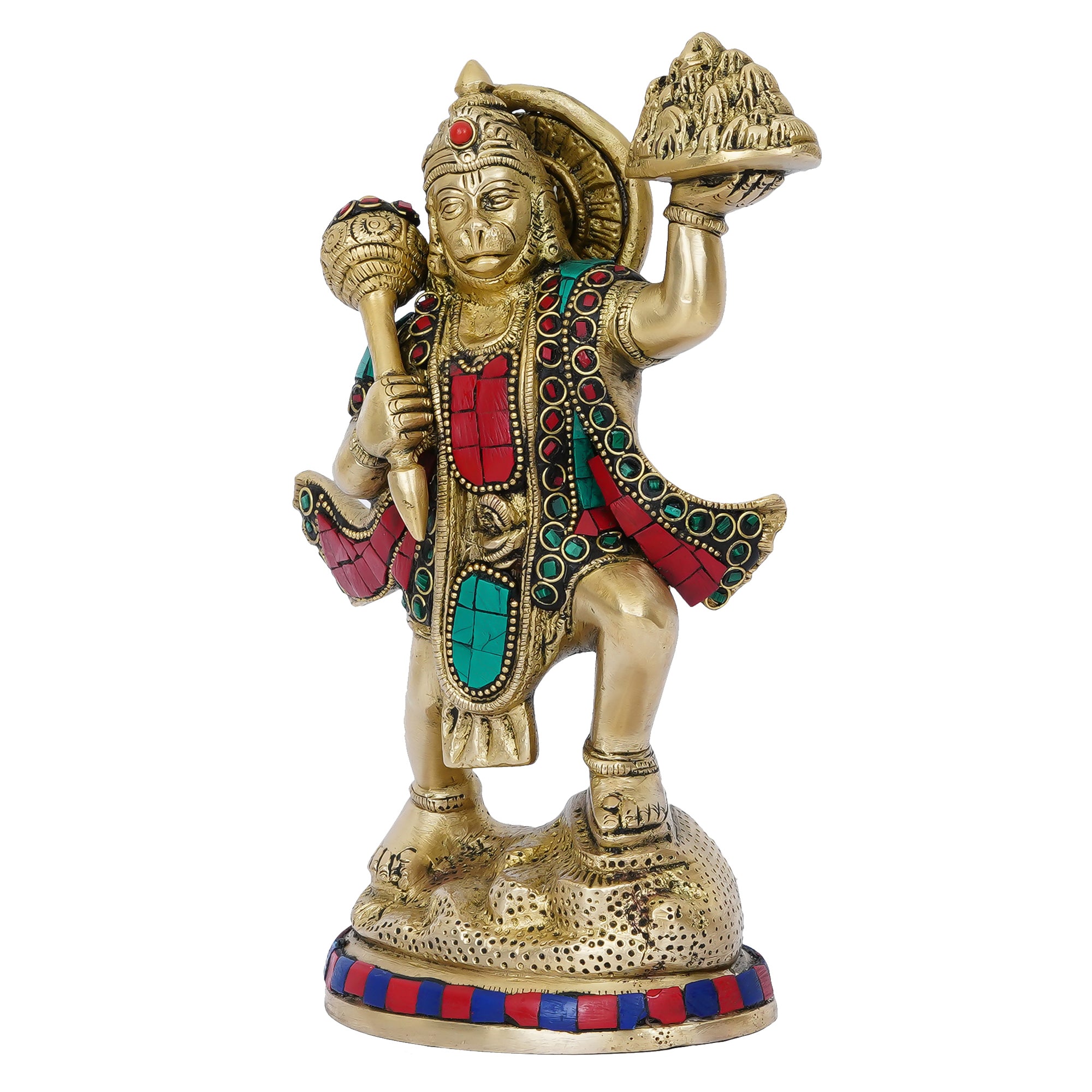 Colorful Stone Work Handcrafted Brass Lord Hanuman Statue Carrying Sanjeevani Mountain 4