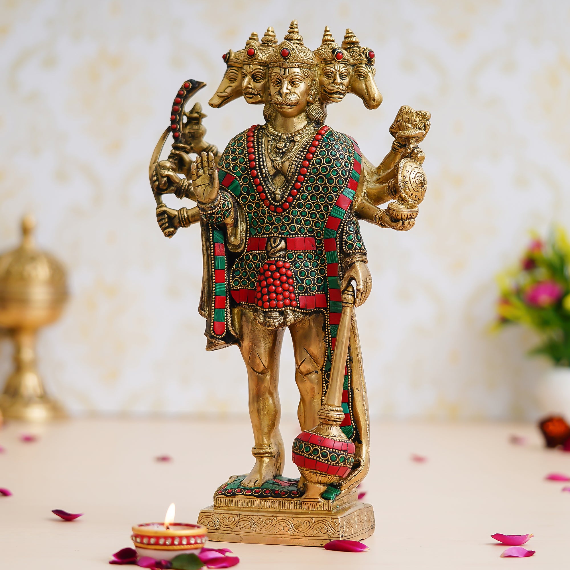 Colorful Stone Work Handcrafted Brass Lord Panchmukhi Hanuman Idol