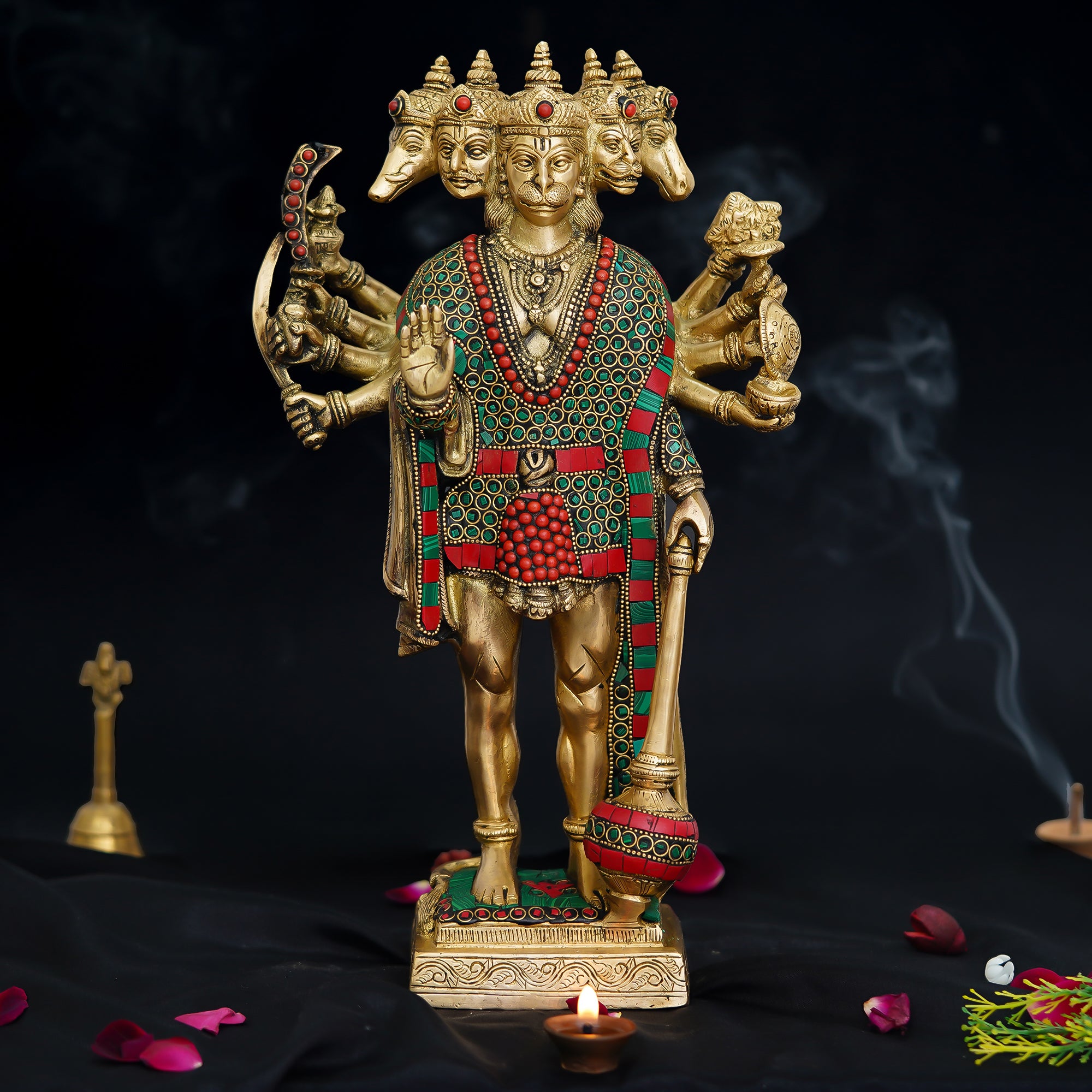 Colorful Stone Work Handcrafted Brass Lord Panchmukhi Hanuman Idol 1
