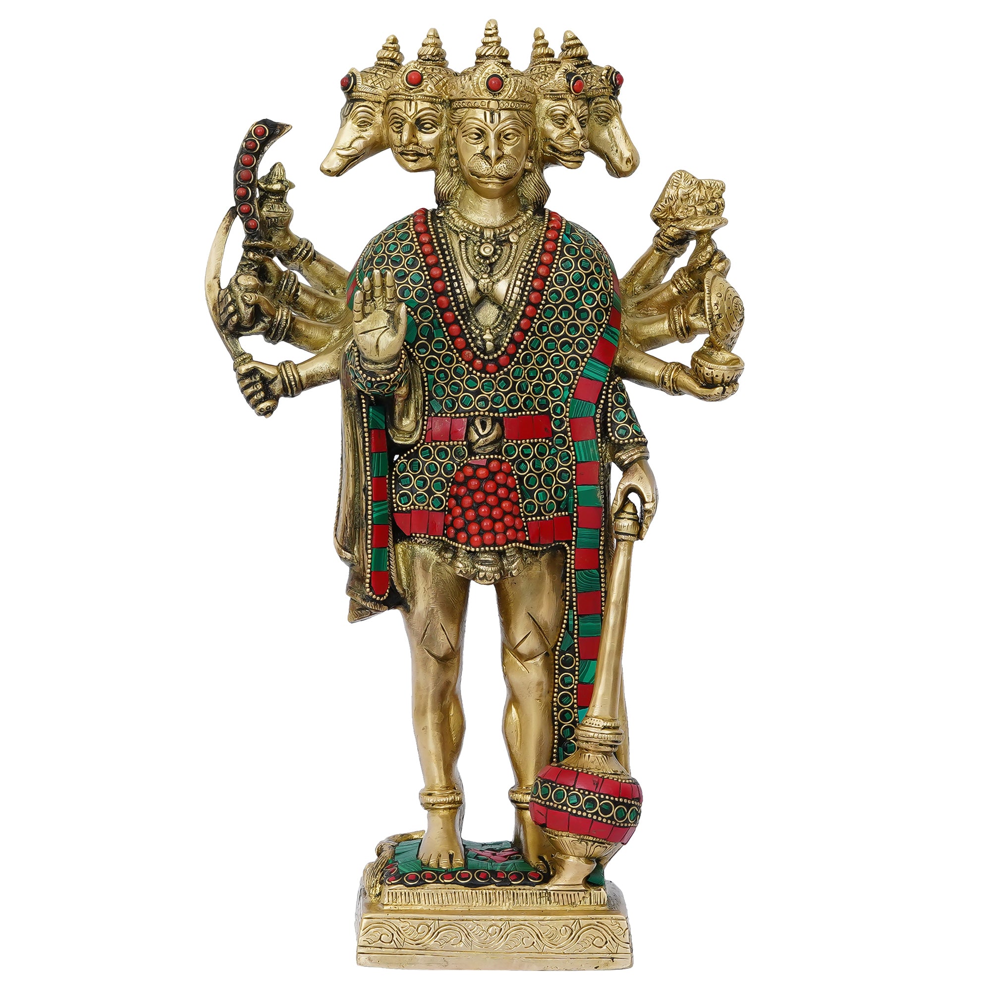 Colorful Stone Work Handcrafted Brass Lord Panchmukhi Hanuman Idol 4