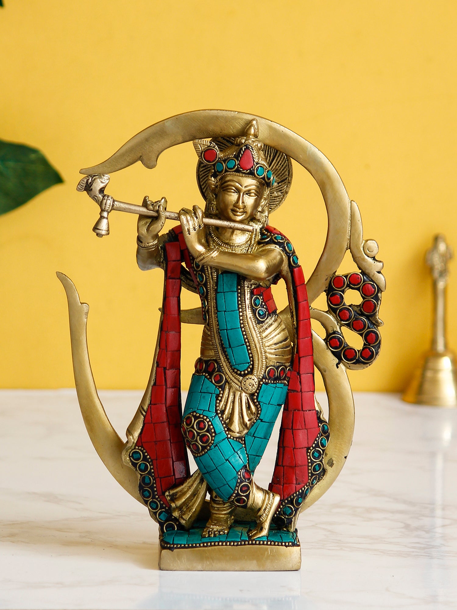 Decorative Golden Brass Lord Krishna Playing Flute with Om Symbol Idol with Colorful Stone Work