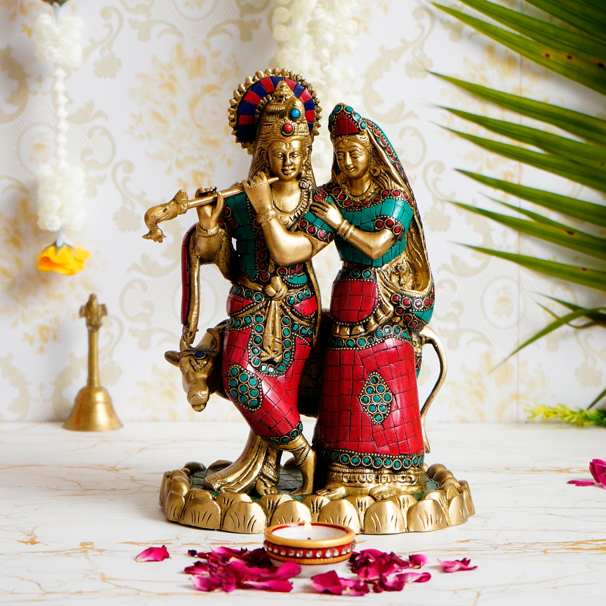 Colorful Stone Work Brass Radha Krishna Statue with Cow Figurine (Gold, Green, Red)