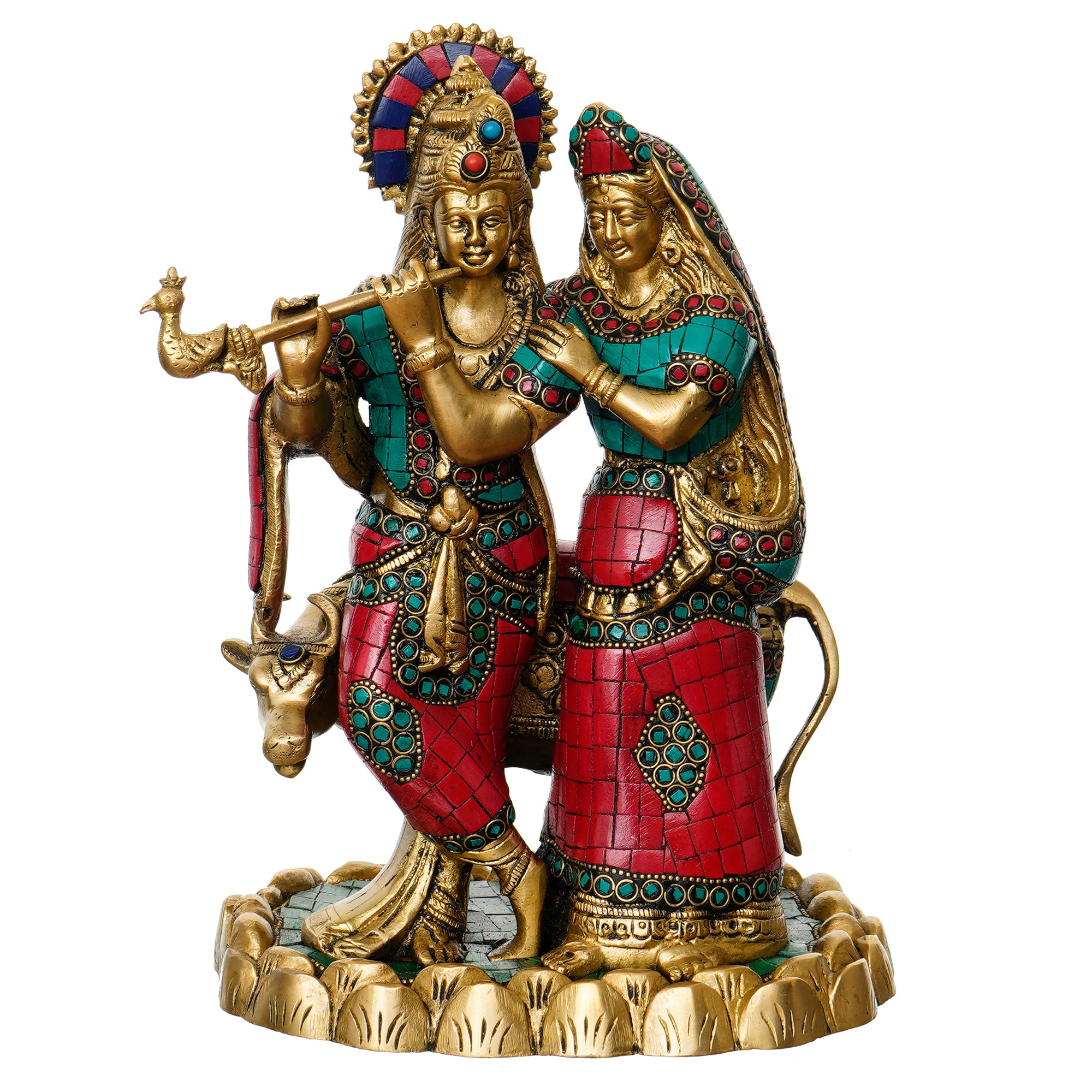 Colorful Stone Work Brass Radha Krishna Statue with Cow Figurine (Gold, Green, Red) 2