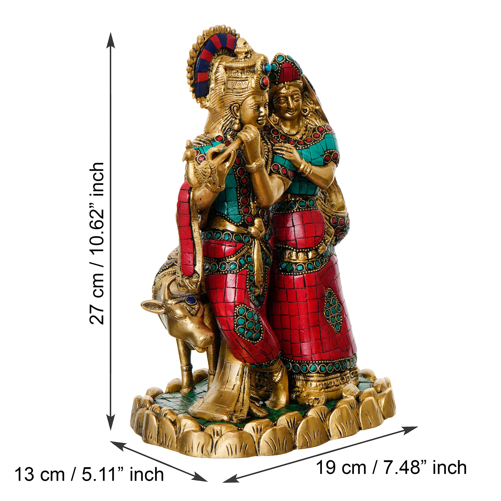 Colorful Stone Work Brass Radha Krishna Statue with Cow Figurine (Gold, Green, Red) 3