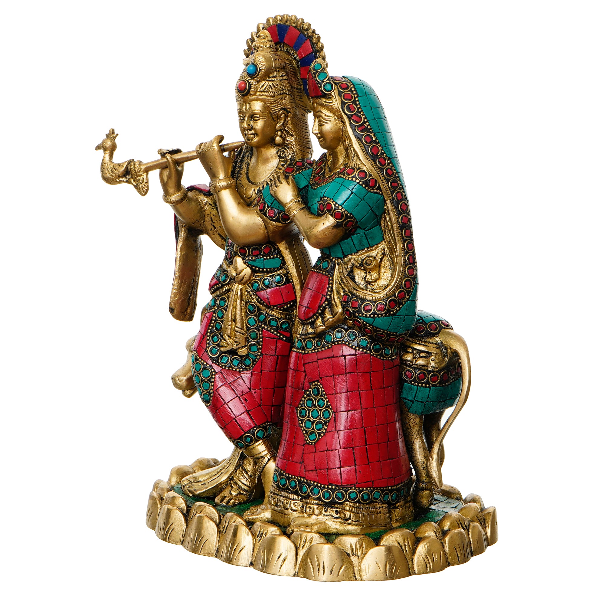 Colorful Stone Work Brass Radha Krishna Statue with Cow Figurine (Gold, Green, Red) 4