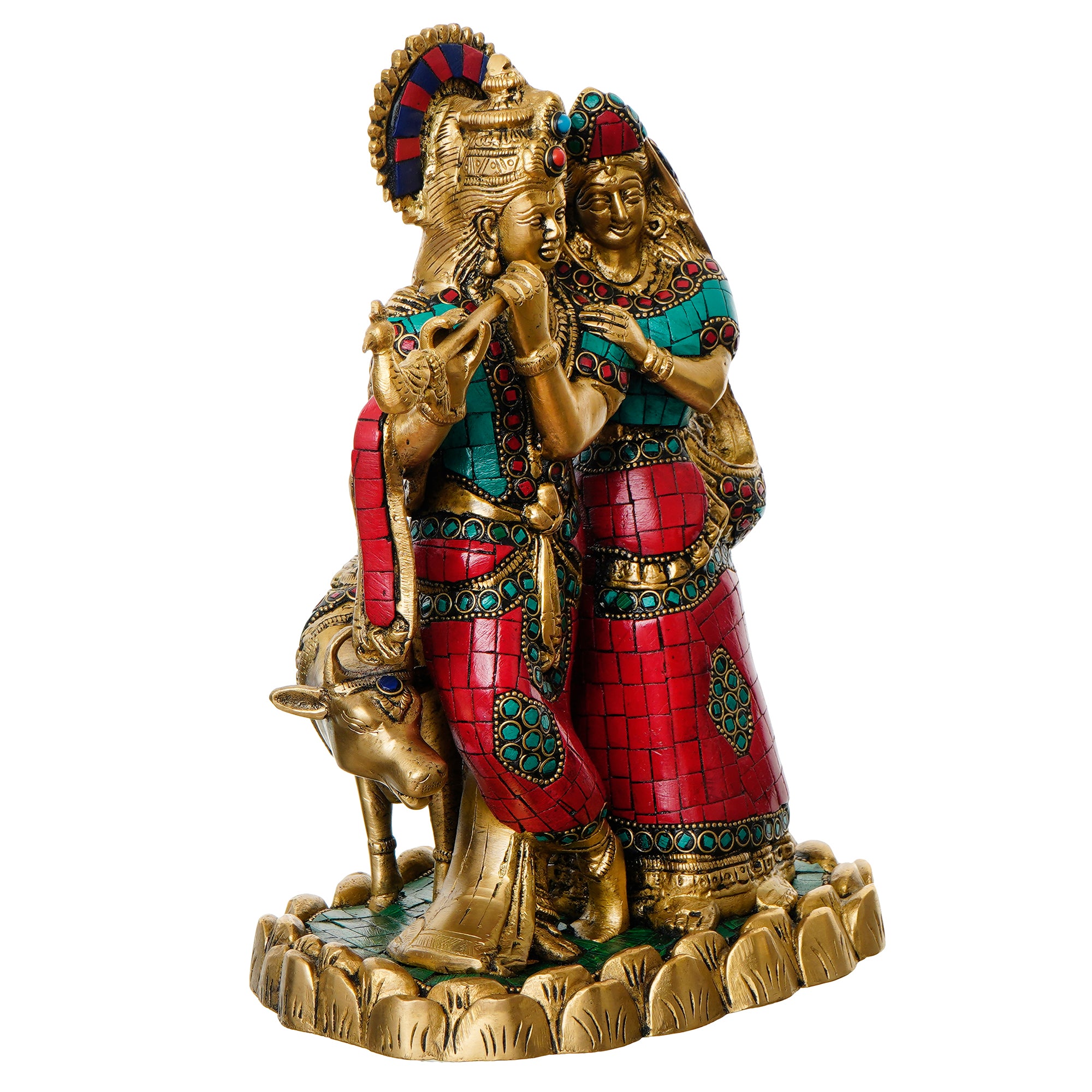 Colorful Stone Work Brass Radha Krishna Statue with Cow Figurine (Gold, Green, Red) 5