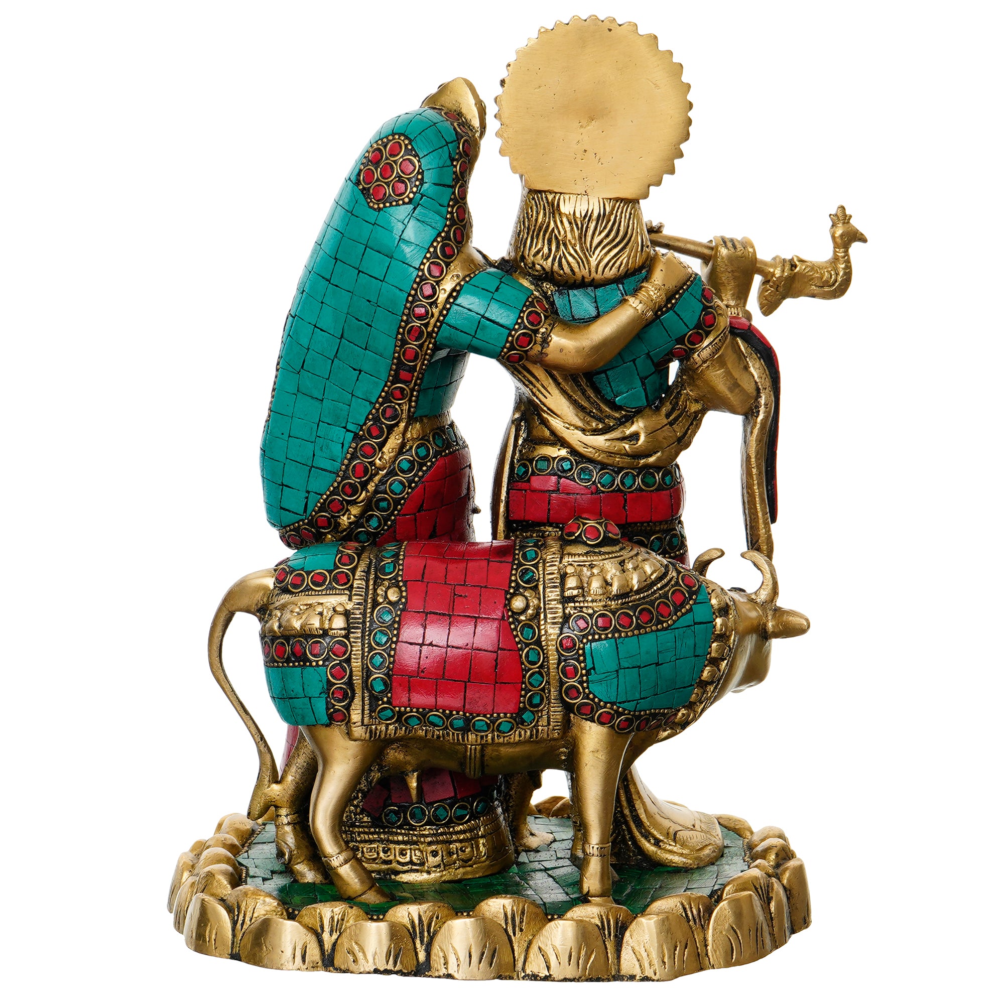 Colorful Stone Work Brass Radha Krishna Statue with Cow Figurine (Gold, Green, Red) 6