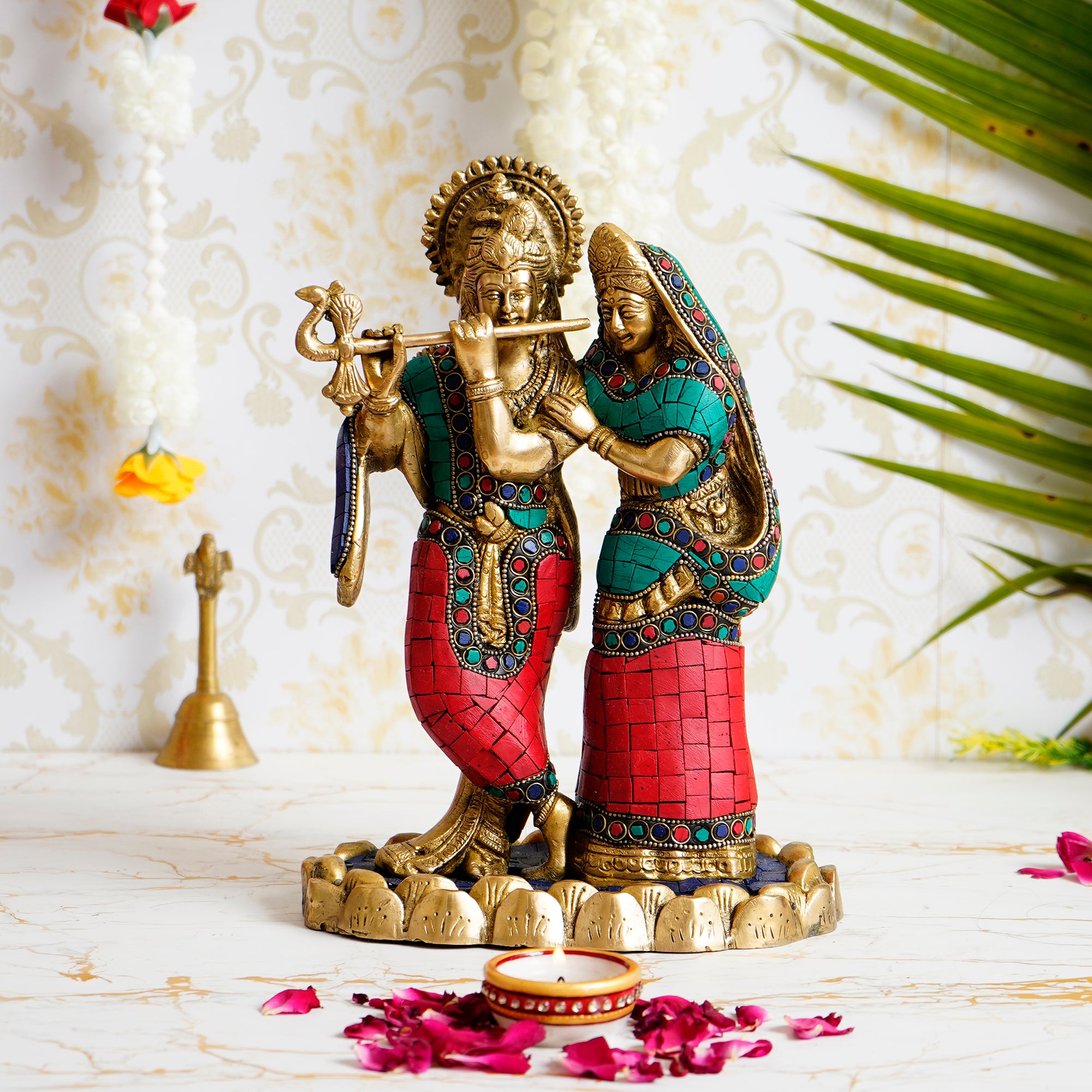 Colorful Stone Work Brass Radha Krishna Playing Flute Statue (Gold, Green, Red)