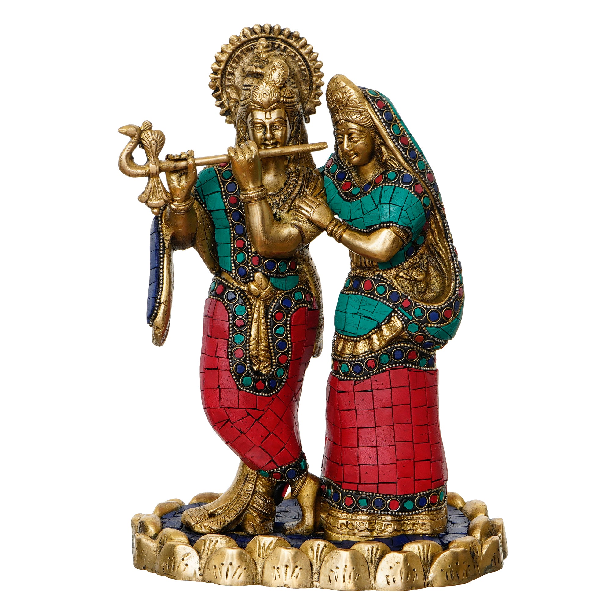 Colorful Stone Work Brass Radha Krishna Playing Flute Statue (Gold, Green, Red) 2