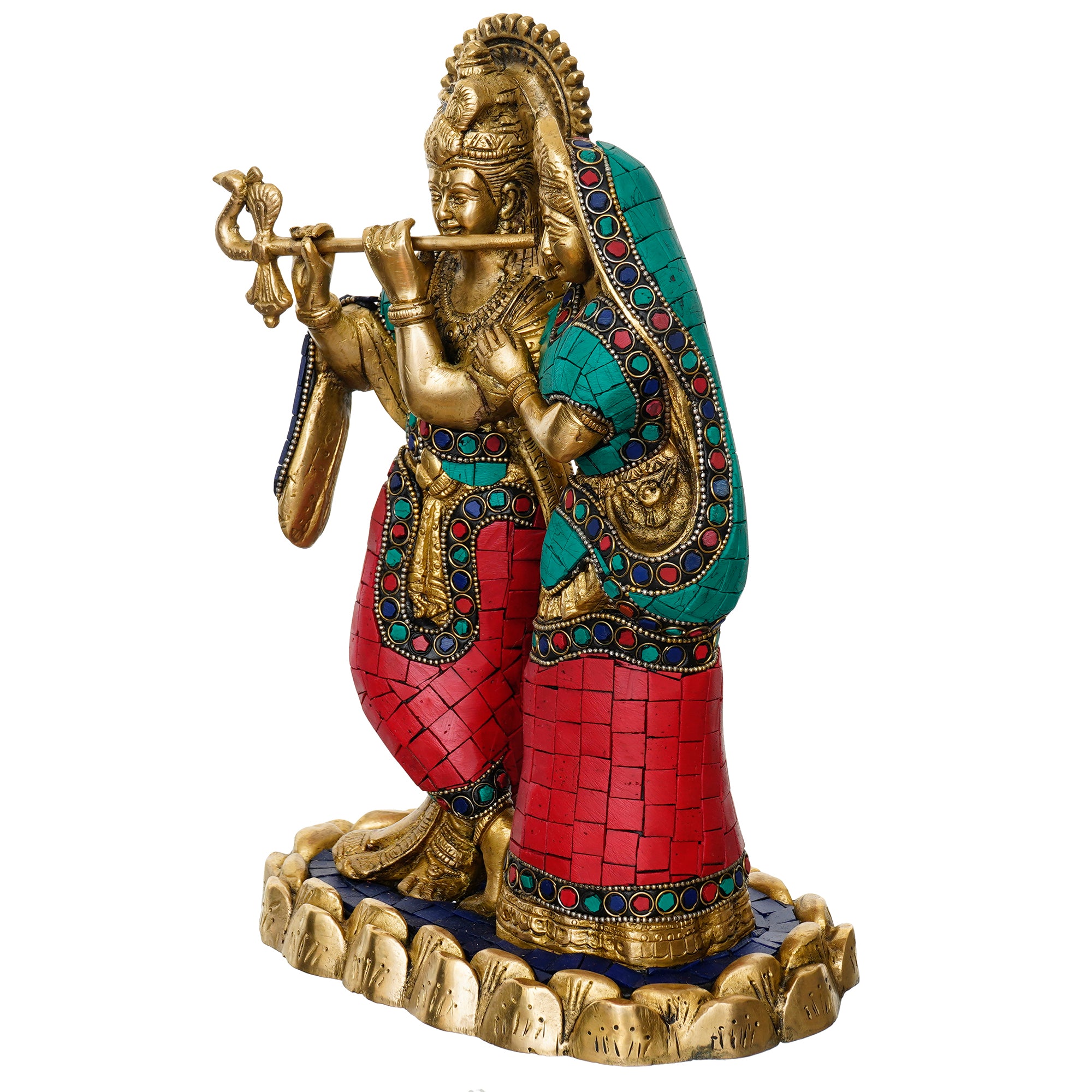 Colorful Stone Work Brass Radha Krishna Playing Flute Statue (Gold, Green, Red) 4