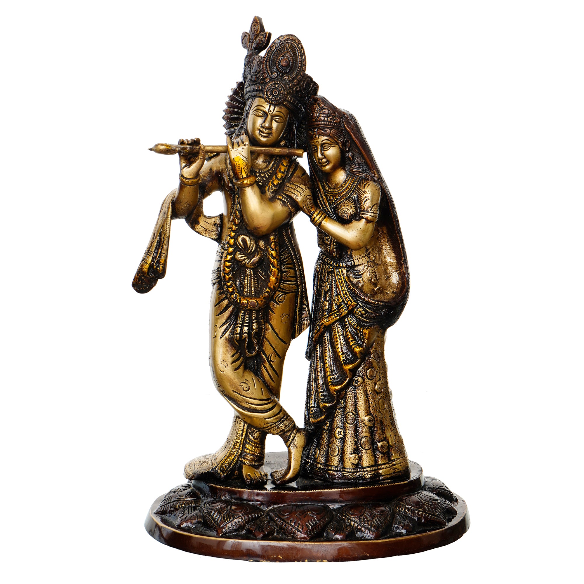 Golden Brass Handcrafted Antique Finish Radha Krishna Playing Flute Idol 2
