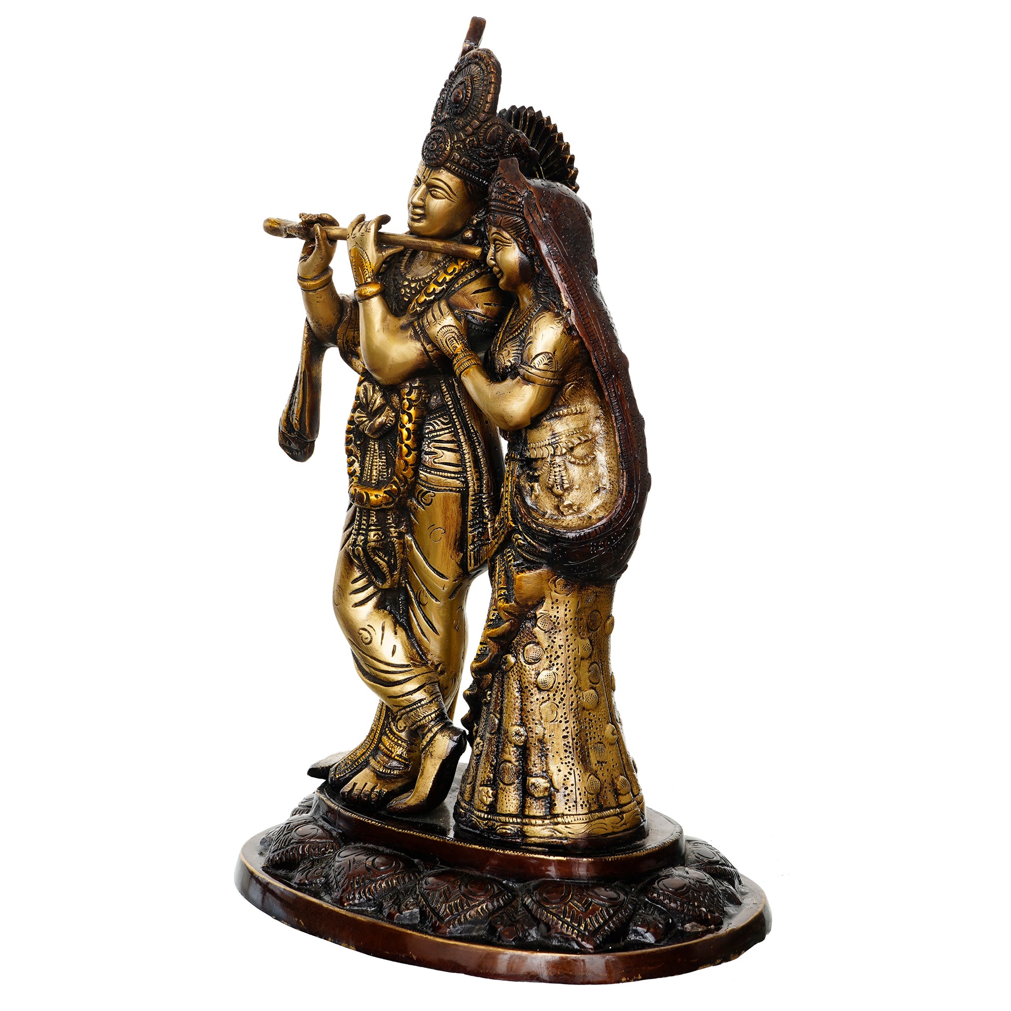 Golden Brass Handcrafted Antique Finish Radha Krishna Playing Flute Idol 4