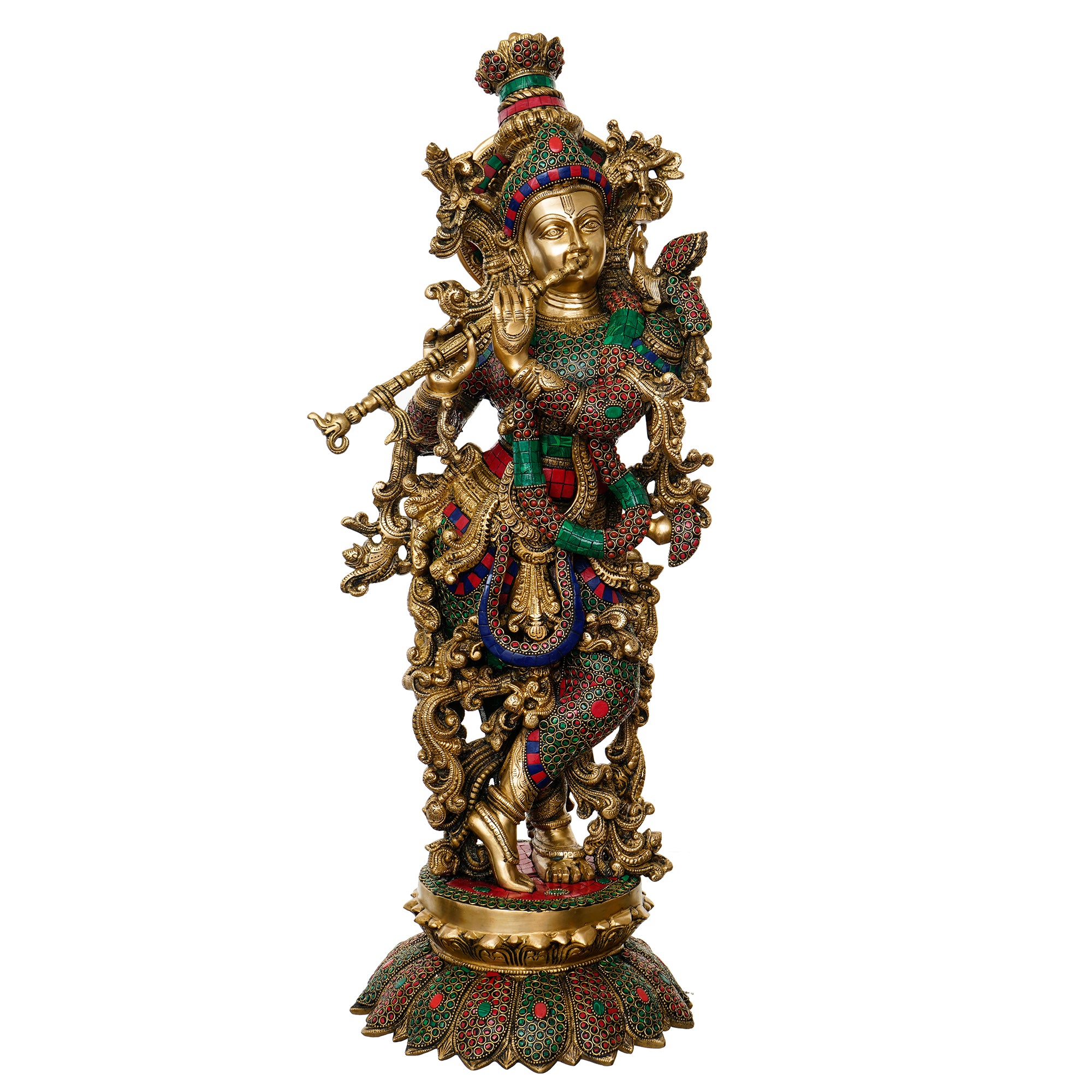 Golden Lord Krishna Playing Flute Handcrafted Brass Idol with Colorful Stone Work 2
