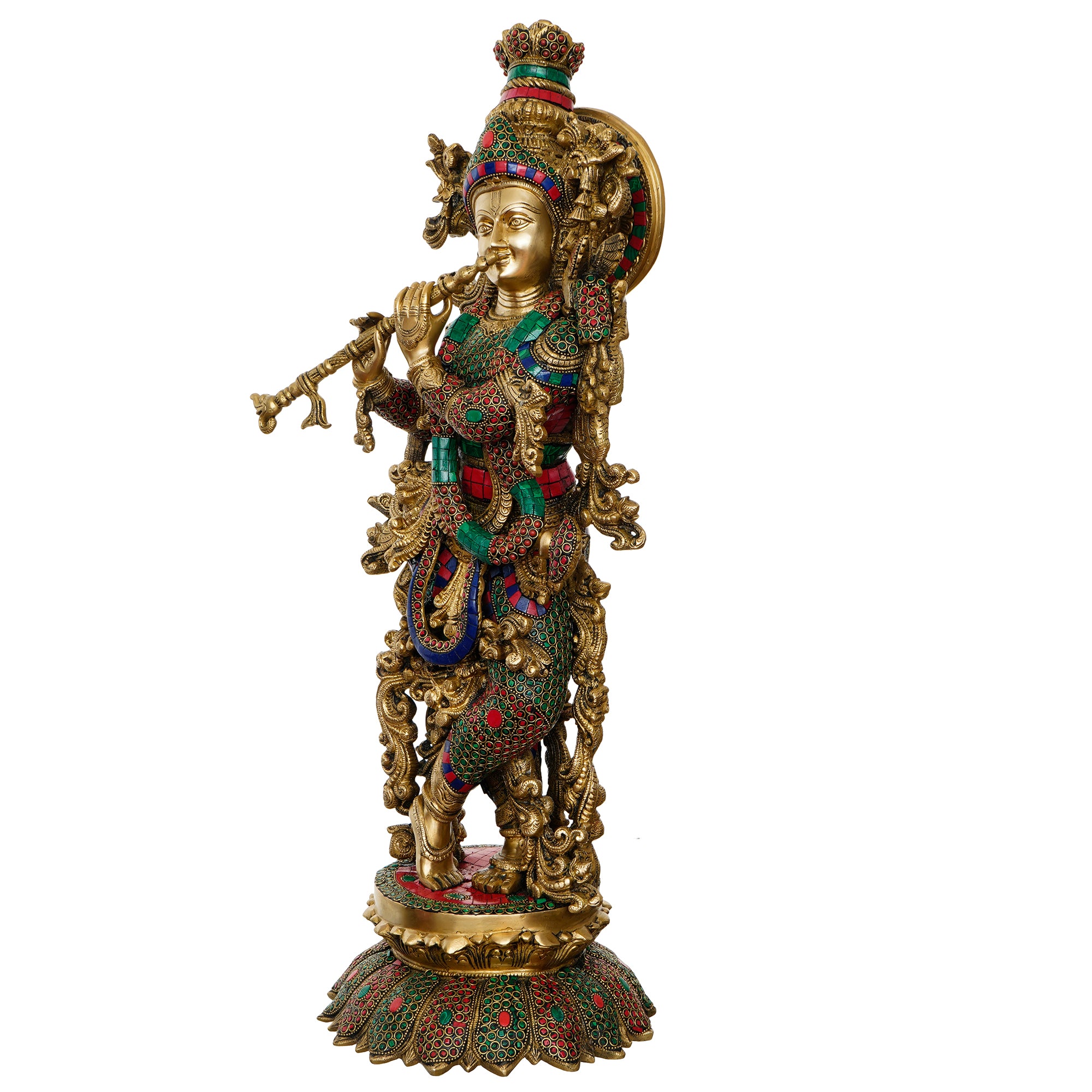Golden Lord Krishna Playing Flute Handcrafted Brass Idol with Colorful Stone Work 4