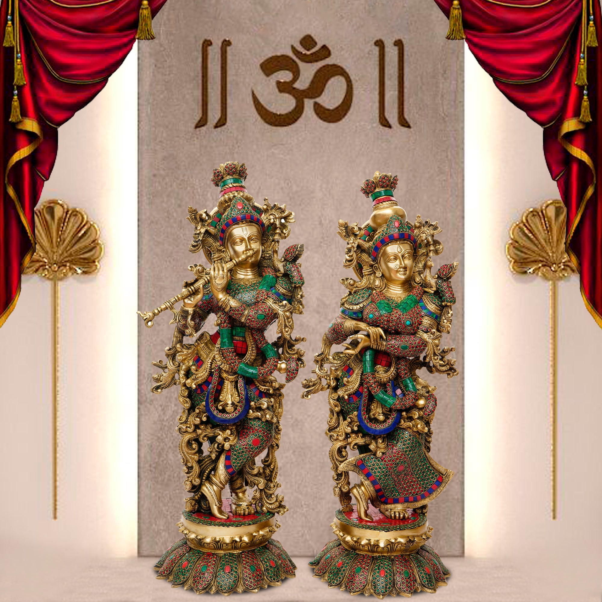 Golden Radha Krishna Playing Flute Handcrafted Brass Idol with Colorful Stone Work 1
