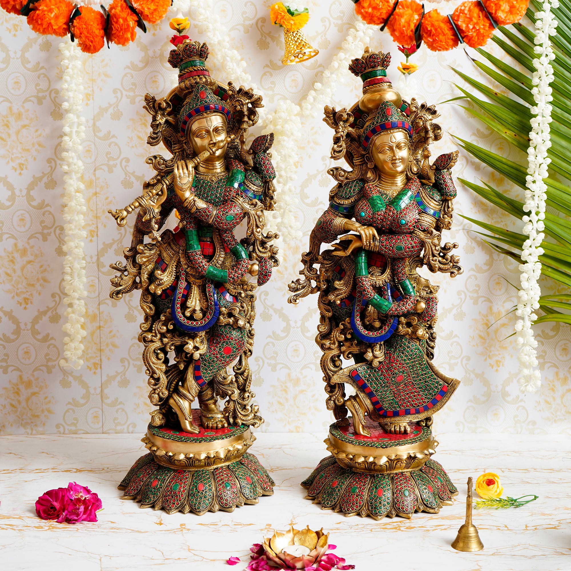 Golden Radha Krishna Playing Flute Handcrafted Brass Idol with Colorful Stone Work