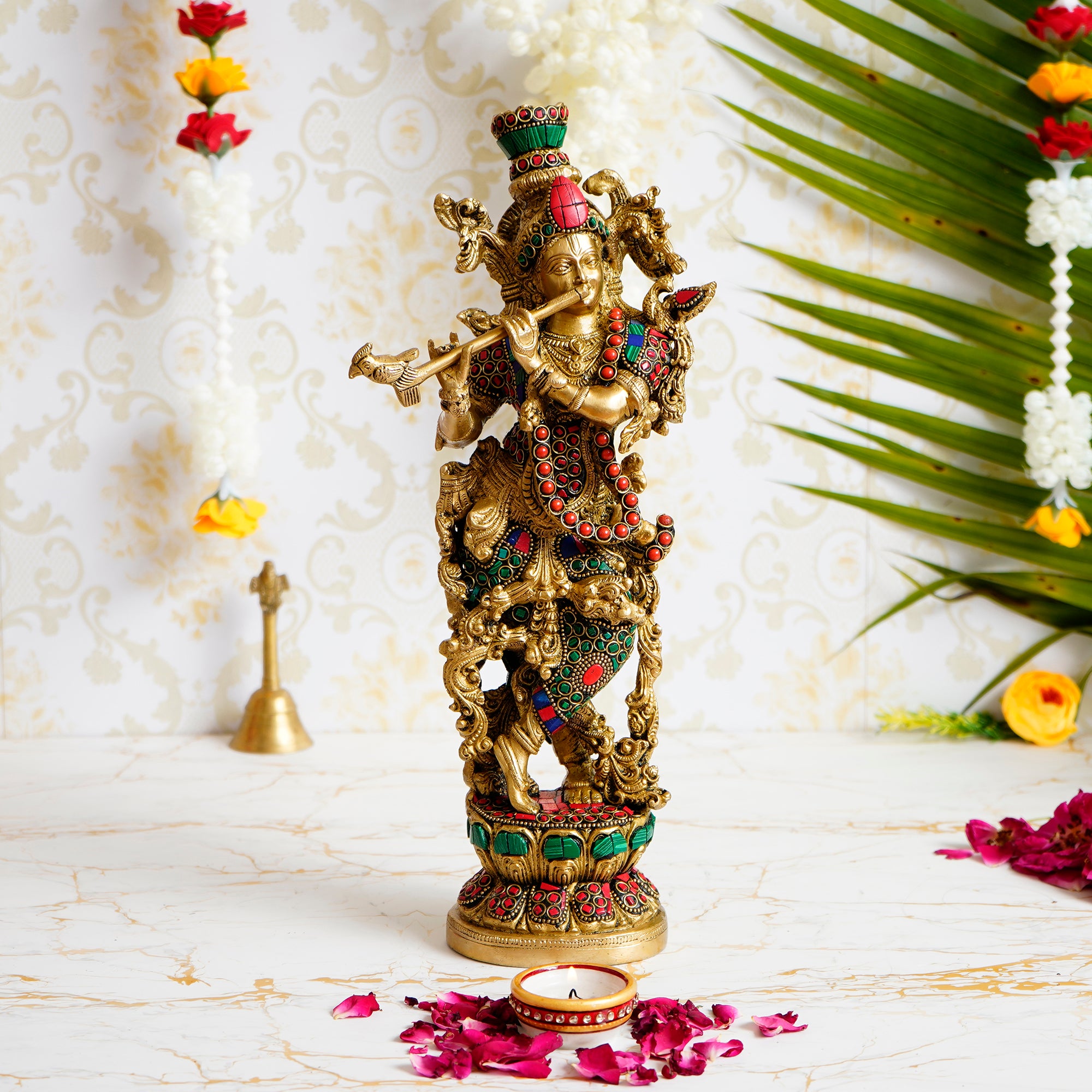 Golden Lord Krishna Playing Flute Handcrafted Brass Idol with Colorful Stone Work