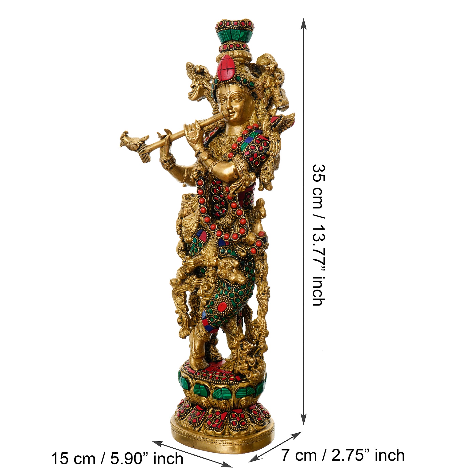 Golden Lord Krishna Playing Flute Handcrafted Brass Idol with Colorful Stone Work 3