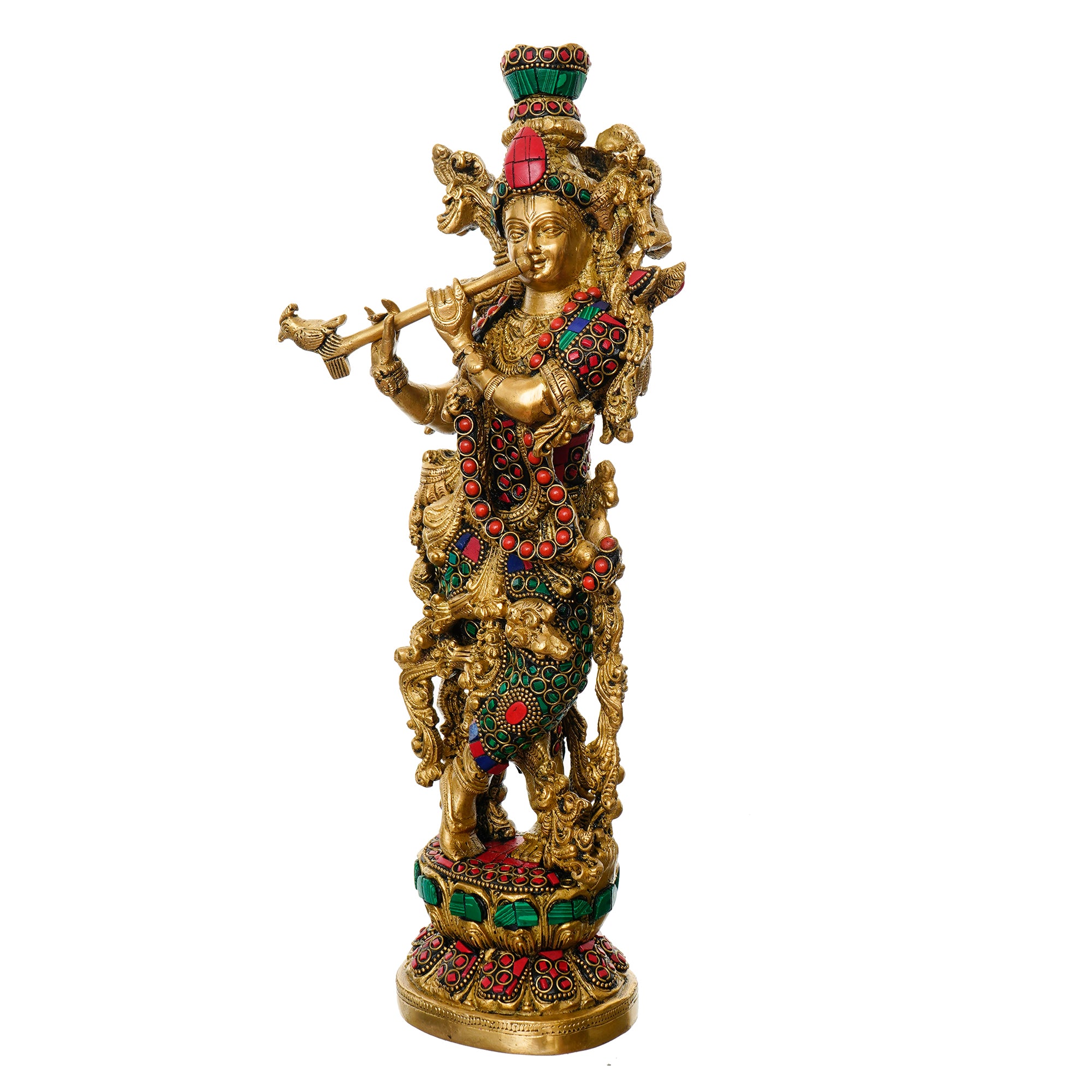 Golden Lord Krishna Playing Flute Handcrafted Brass Idol with Colorful Stone Work 4