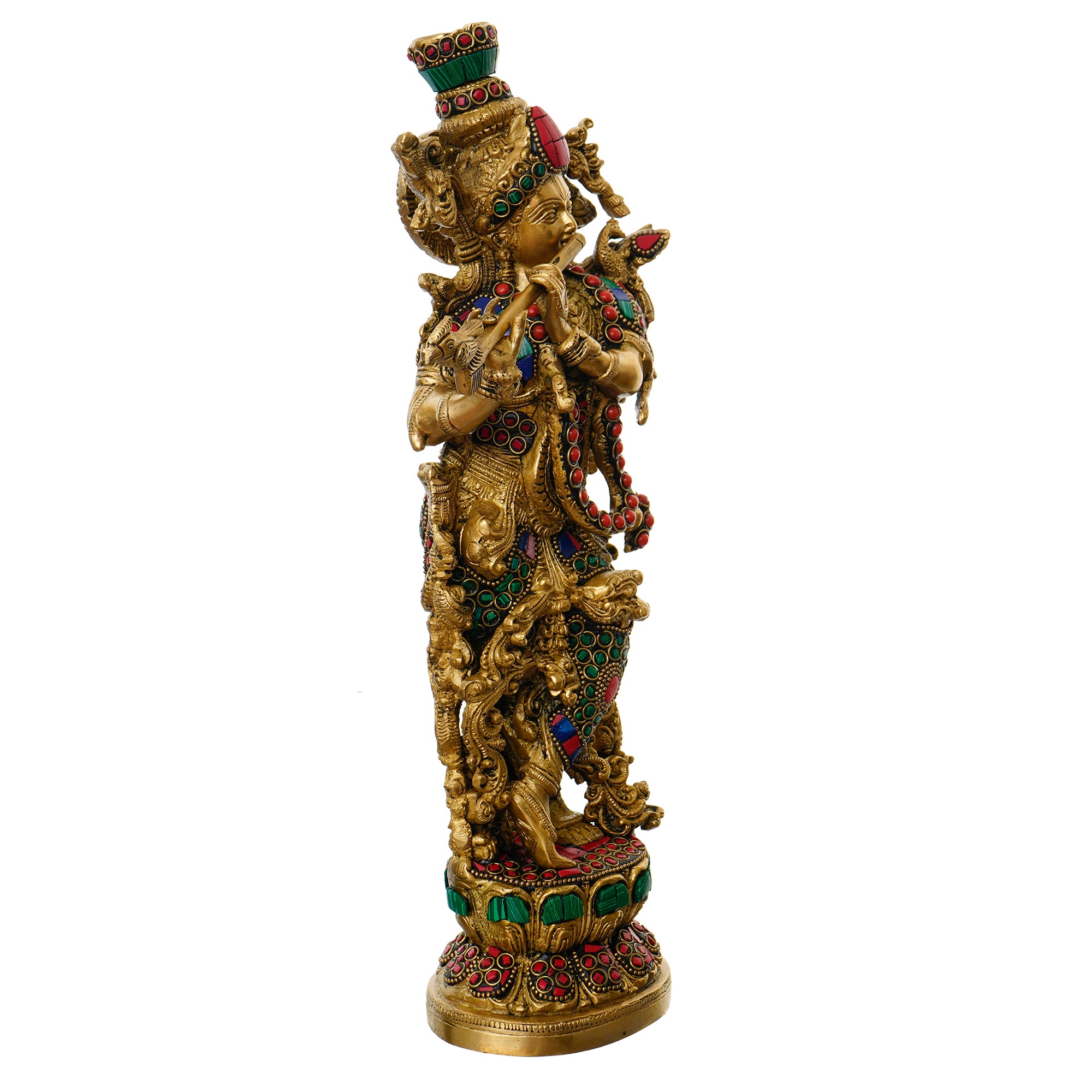 Golden Lord Krishna Playing Flute Handcrafted Brass Idol with Colorful Stone Work 5