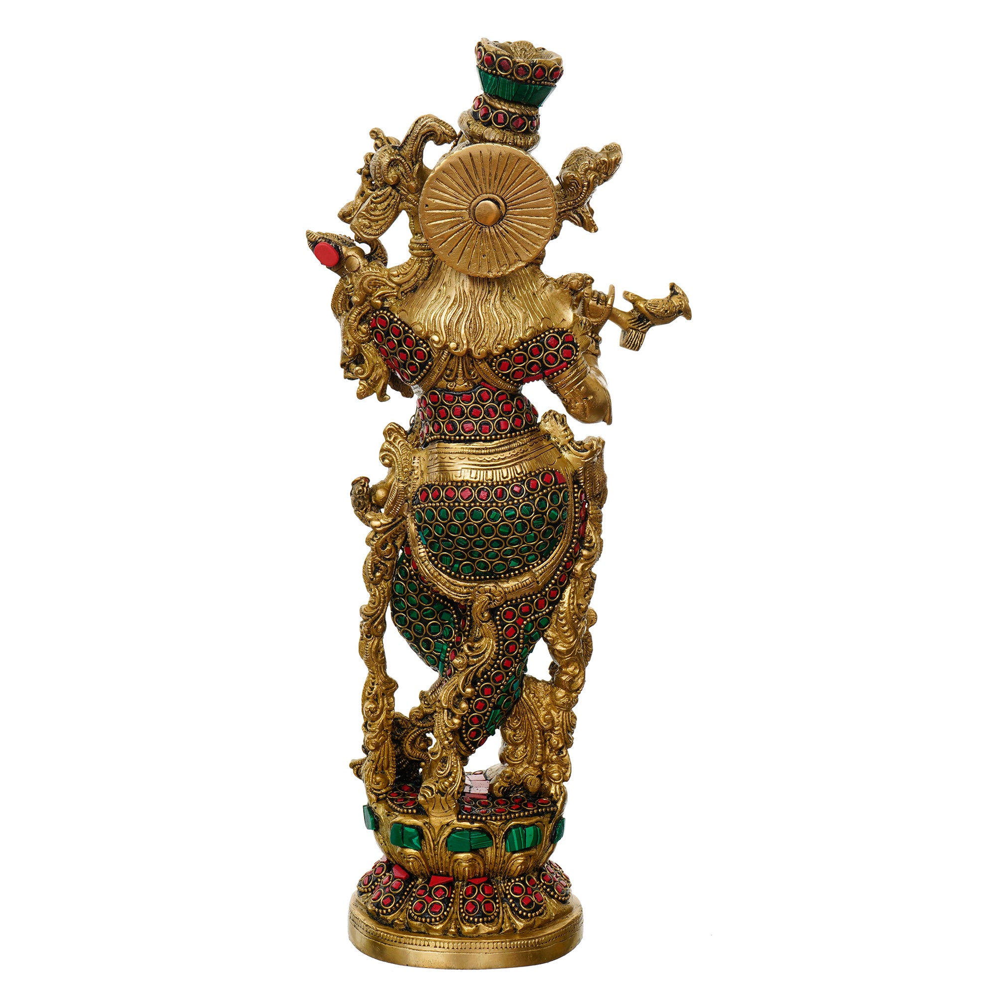 Golden Lord Krishna Playing Flute Handcrafted Brass Idol with Colorful Stone Work 6