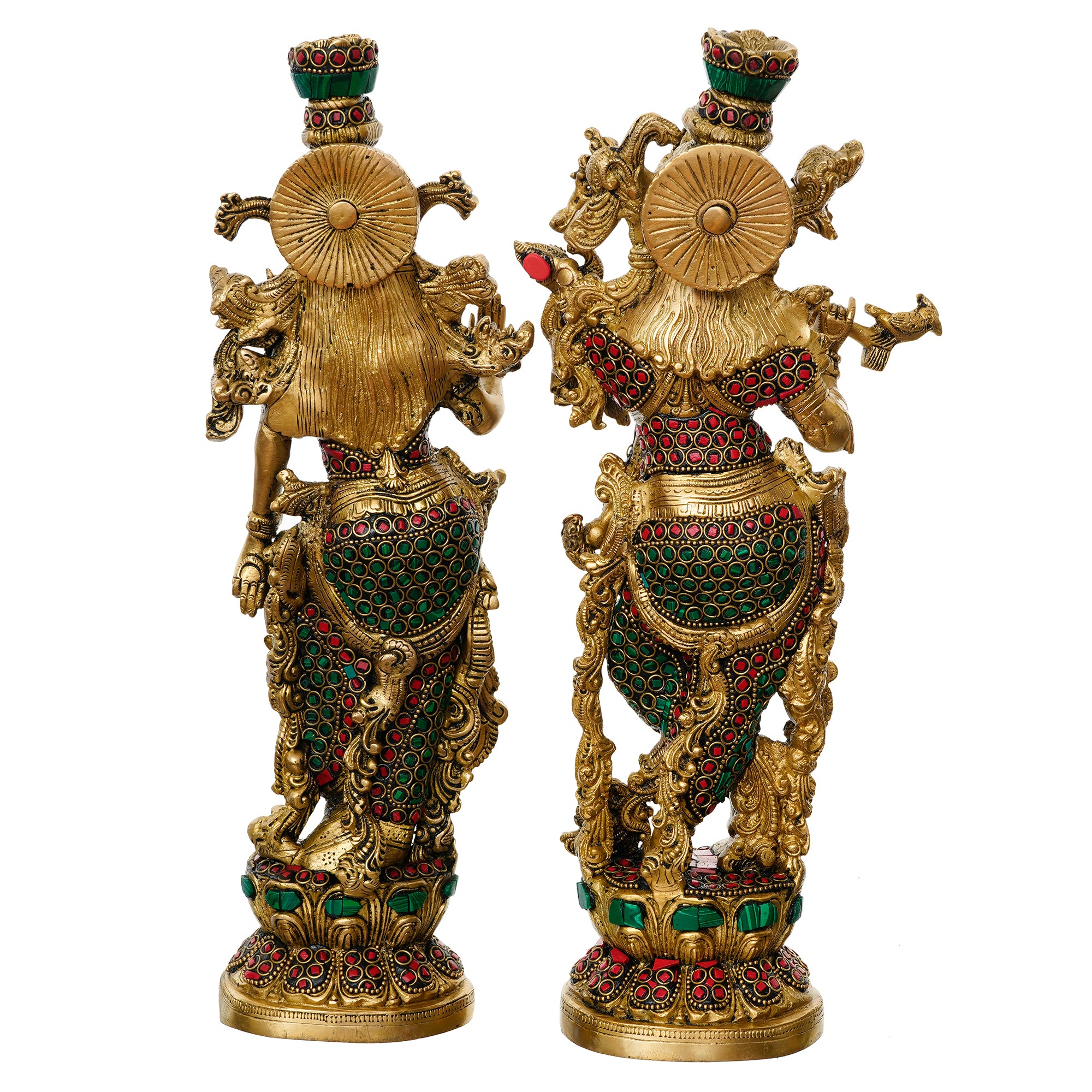 Golden Radha Krishna Playing Flute Handcrafted Brass Idol with Colorful Stone Work 6