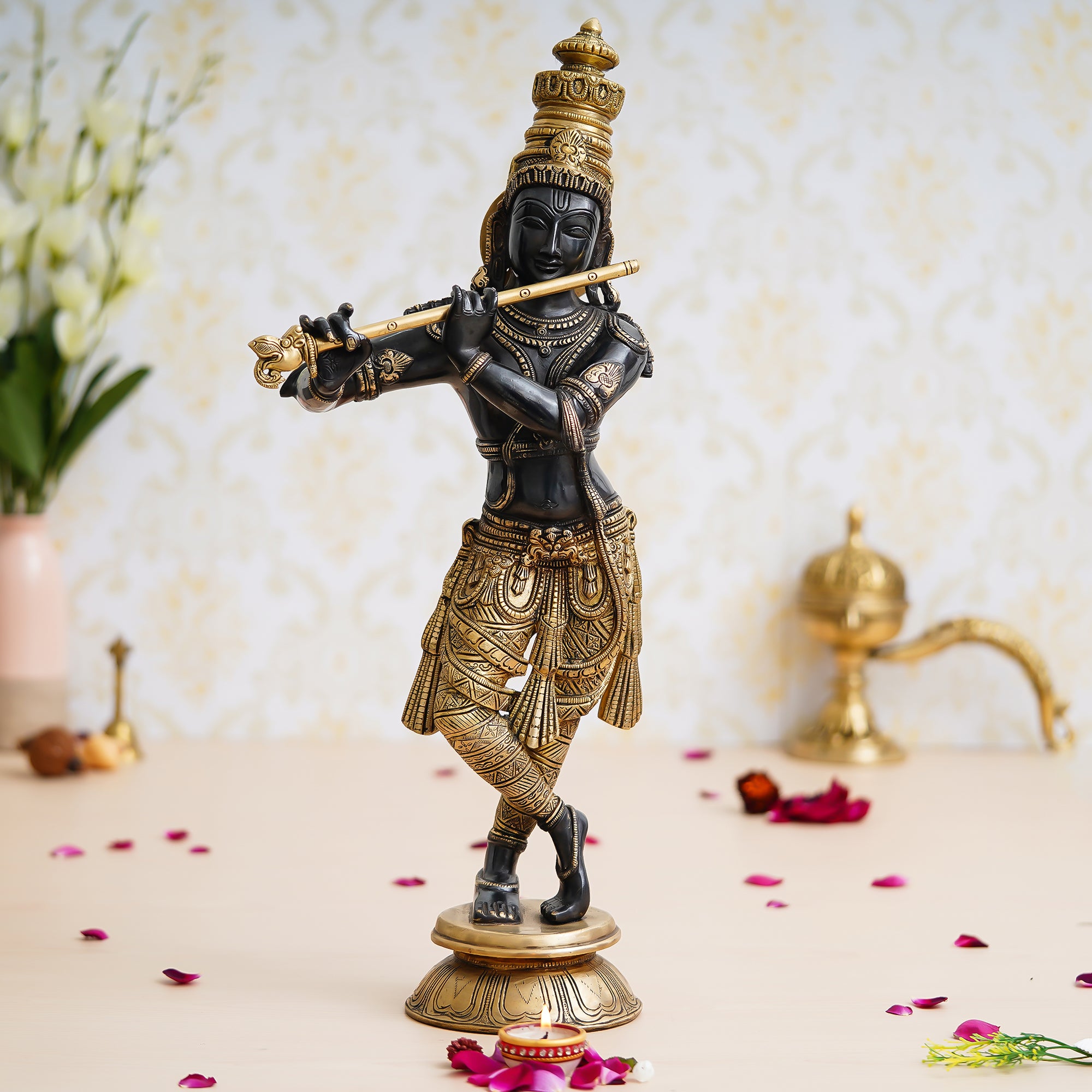 Golden Brass Decorative Lord Krishna Playing Flute Statue