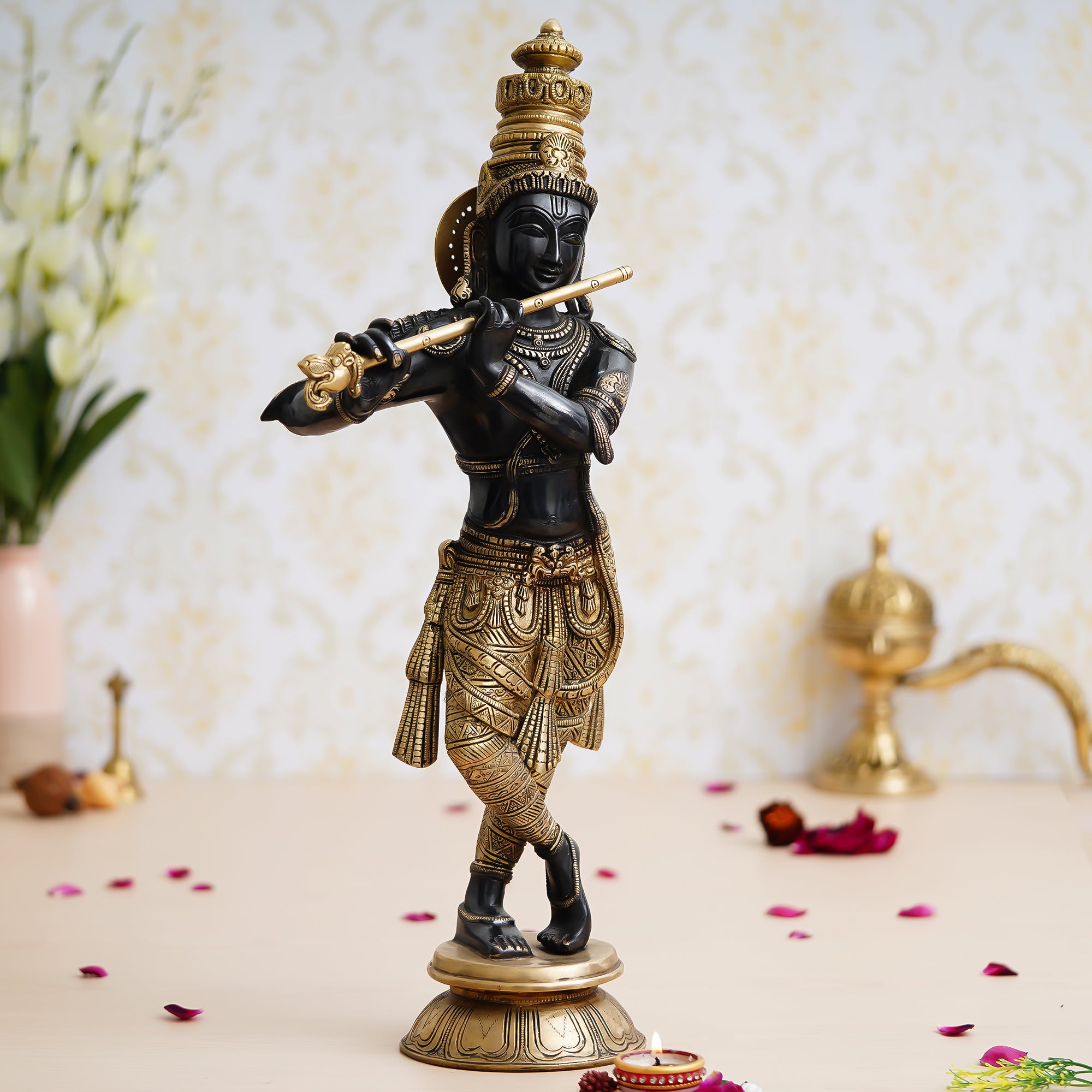 Golden Brass Decorative Lord Krishna Playing Flute Statue 1