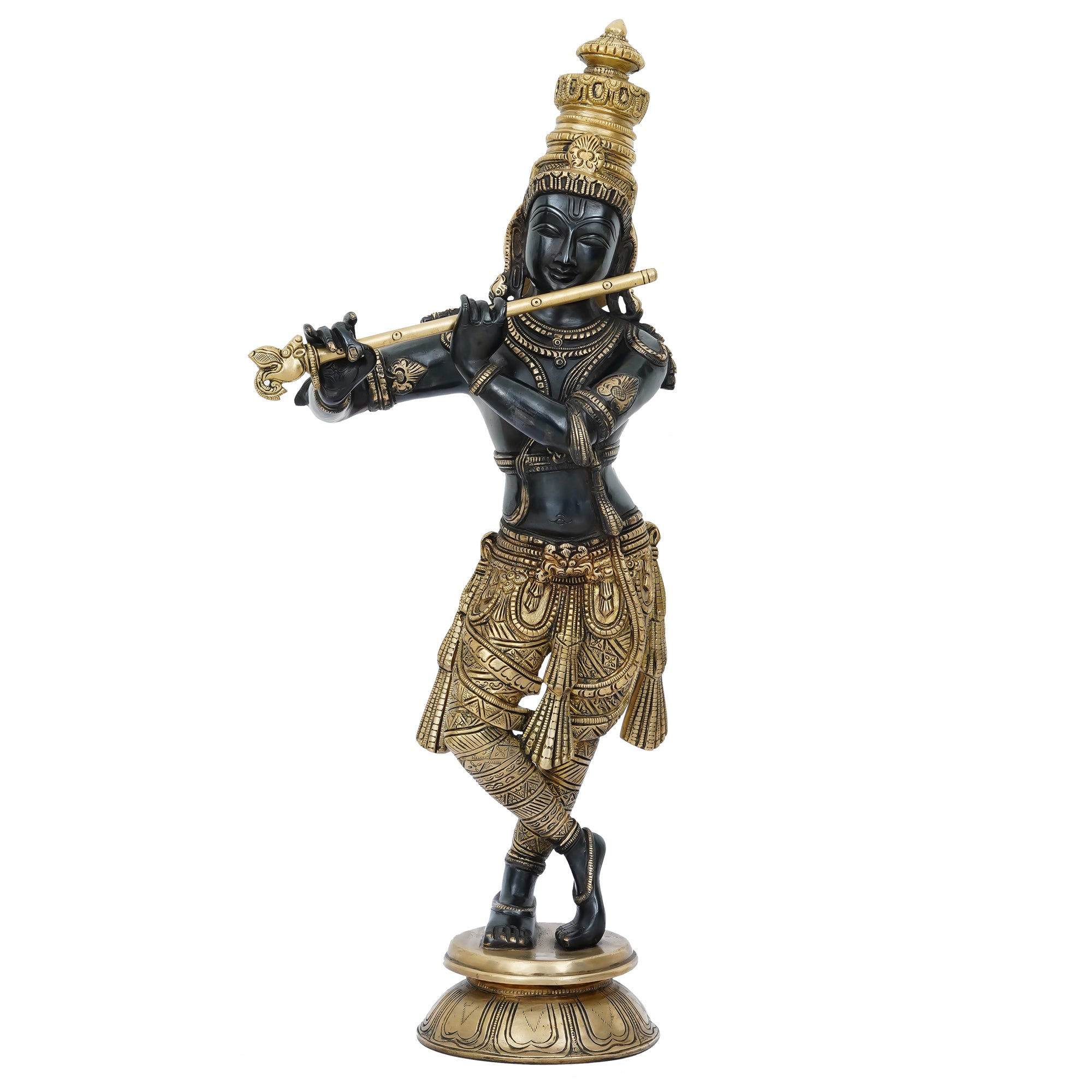 Golden Brass Decorative Lord Krishna Playing Flute Statue 2