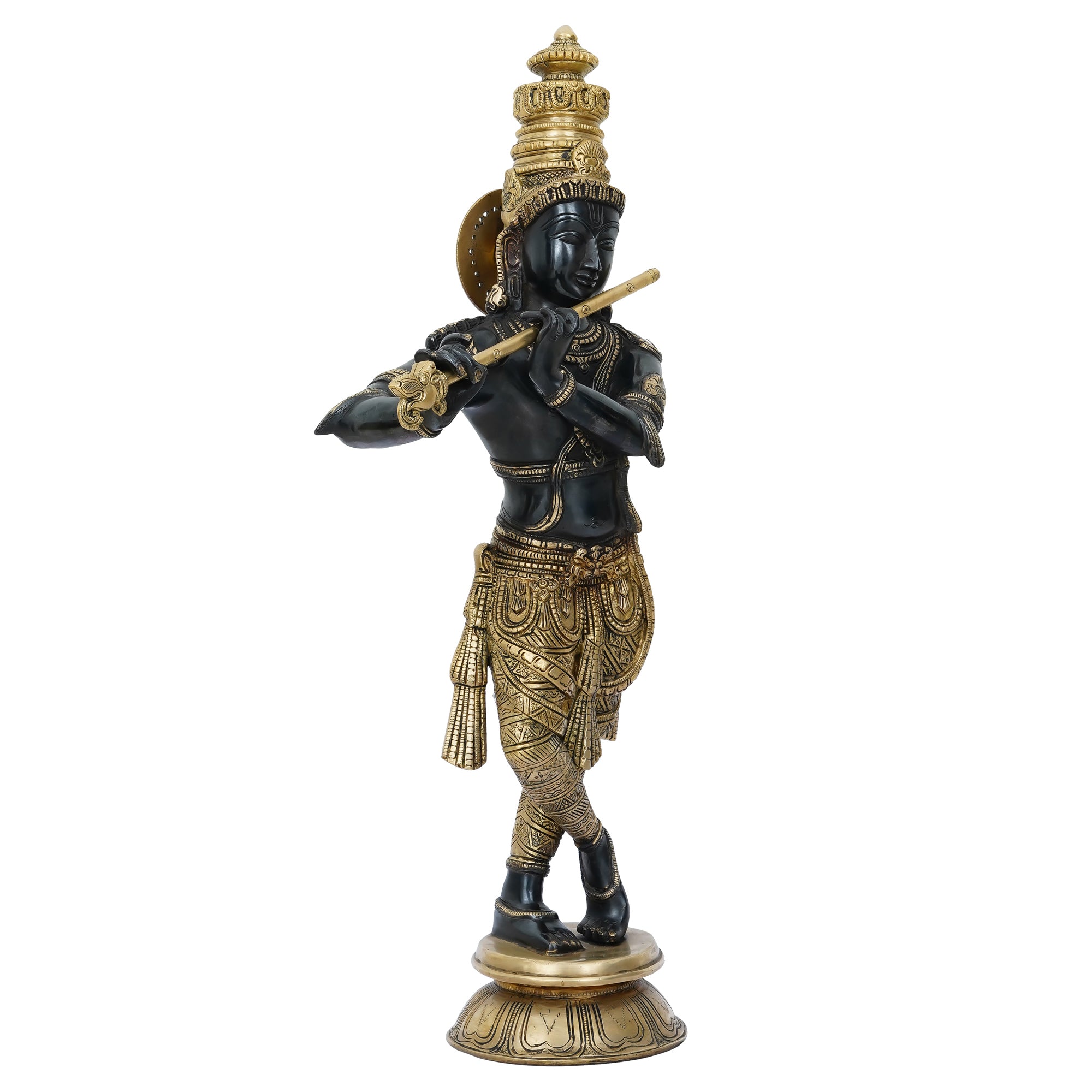 Golden Brass Decorative Lord Krishna Playing Flute Statue 4