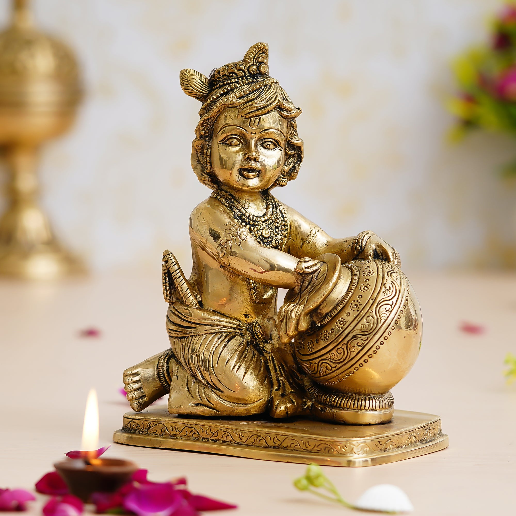 Golden Brass Bal Gopal Krishna Statue having Makhan