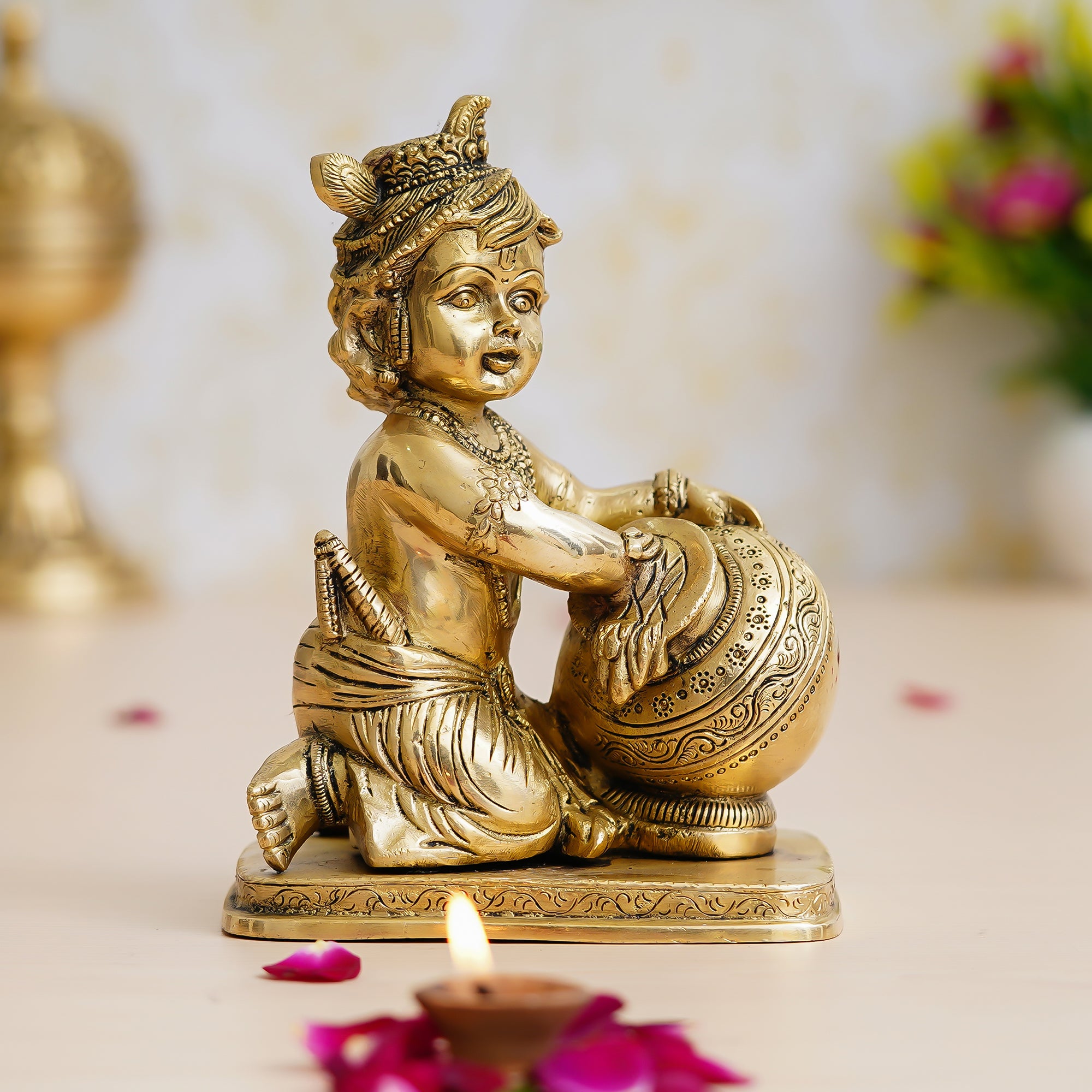 Golden Brass Bal Gopal Krishna Statue having Makhan 1