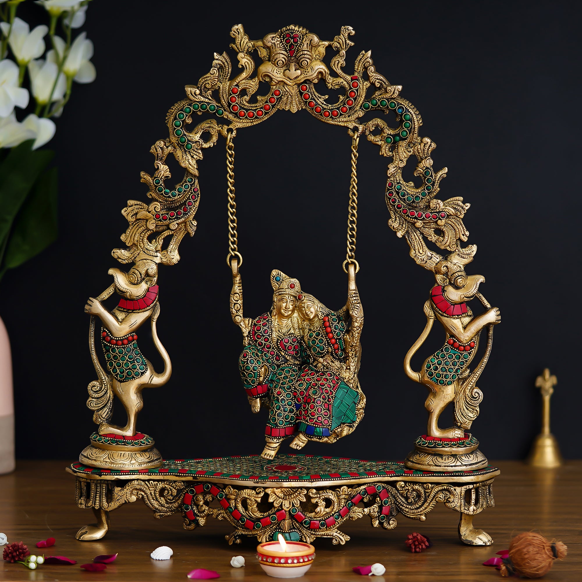Brass Golden Radha Krishna on a Swing Statue with Handcrafted Stone Work (Red and Green)