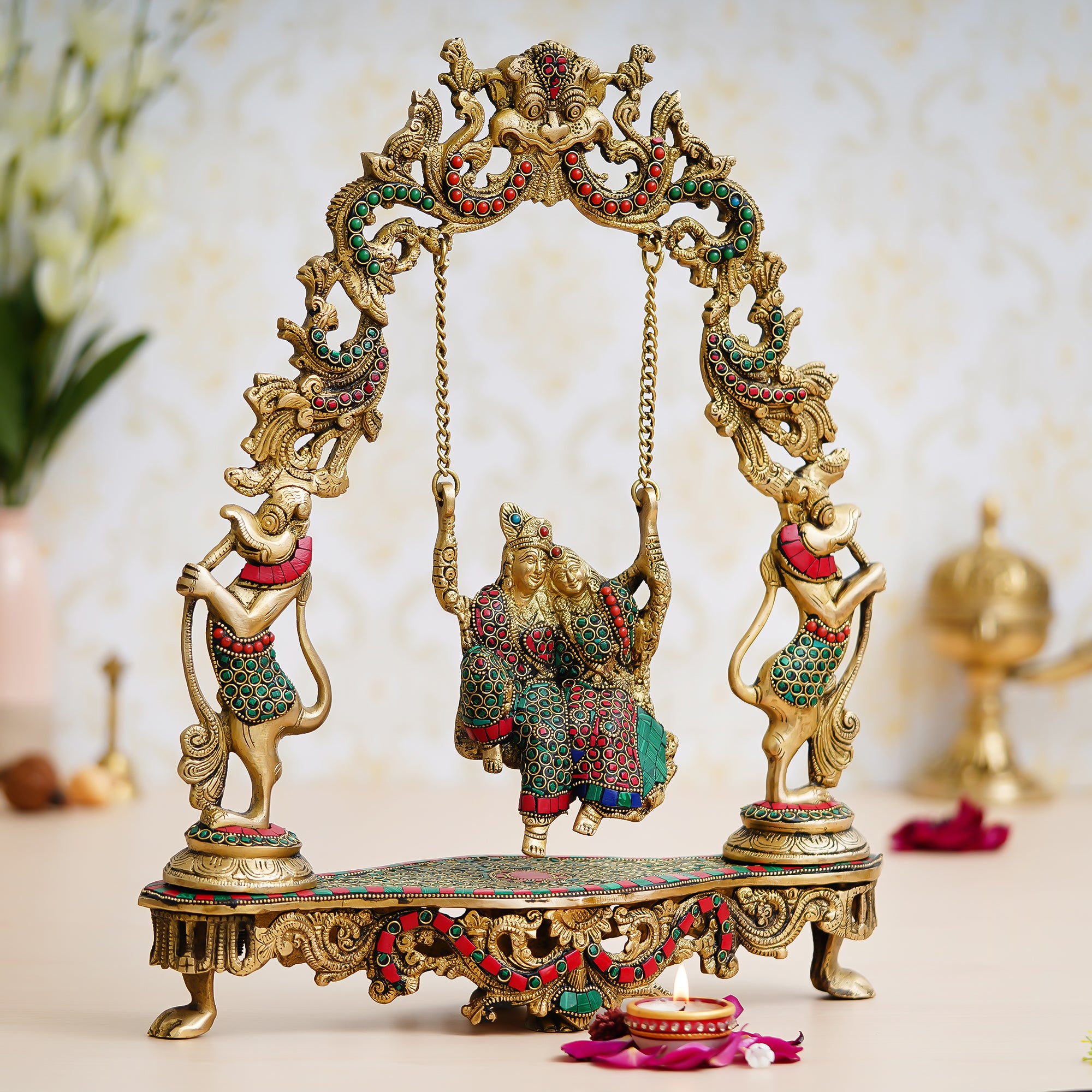 Brass Golden Radha Krishna on a Swing Statue with Handcrafted Stone Work (Red and Green) 1