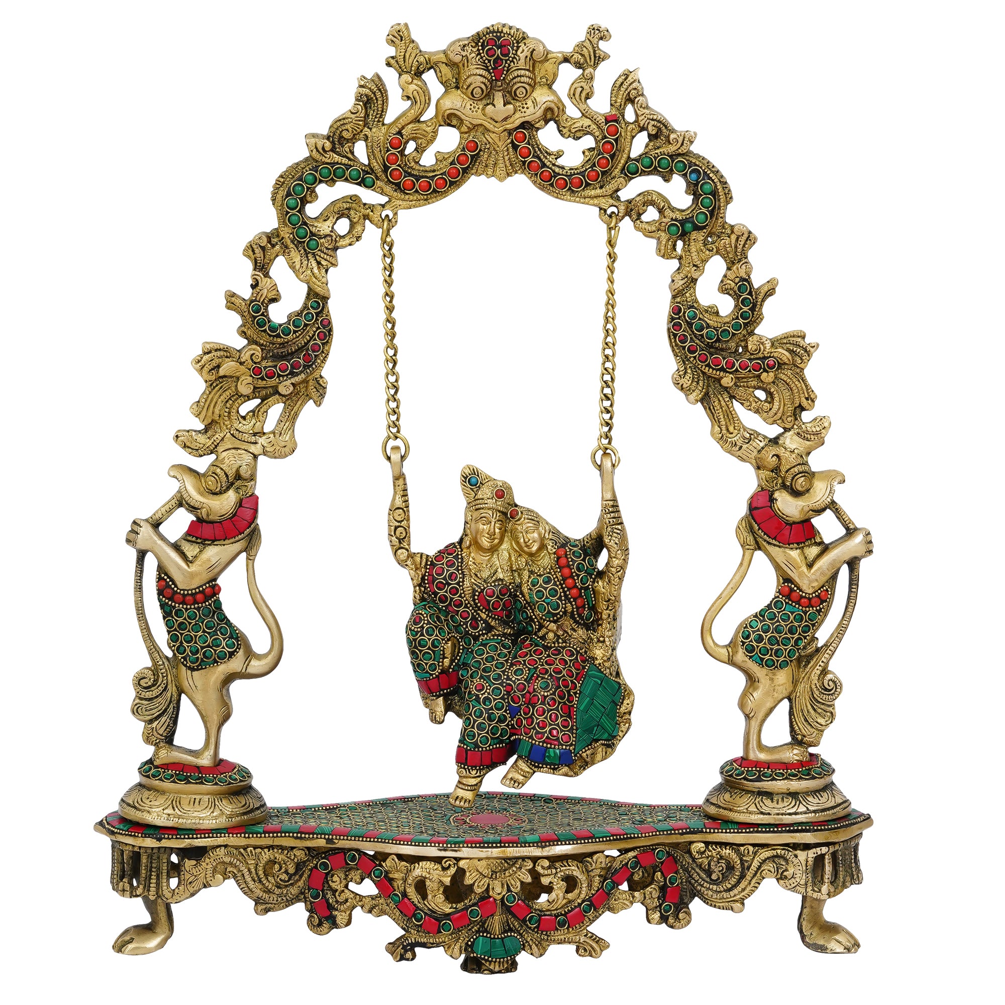 Brass Golden Radha Krishna on a Swing Statue with Handcrafted Stone Work (Red and Green) 2