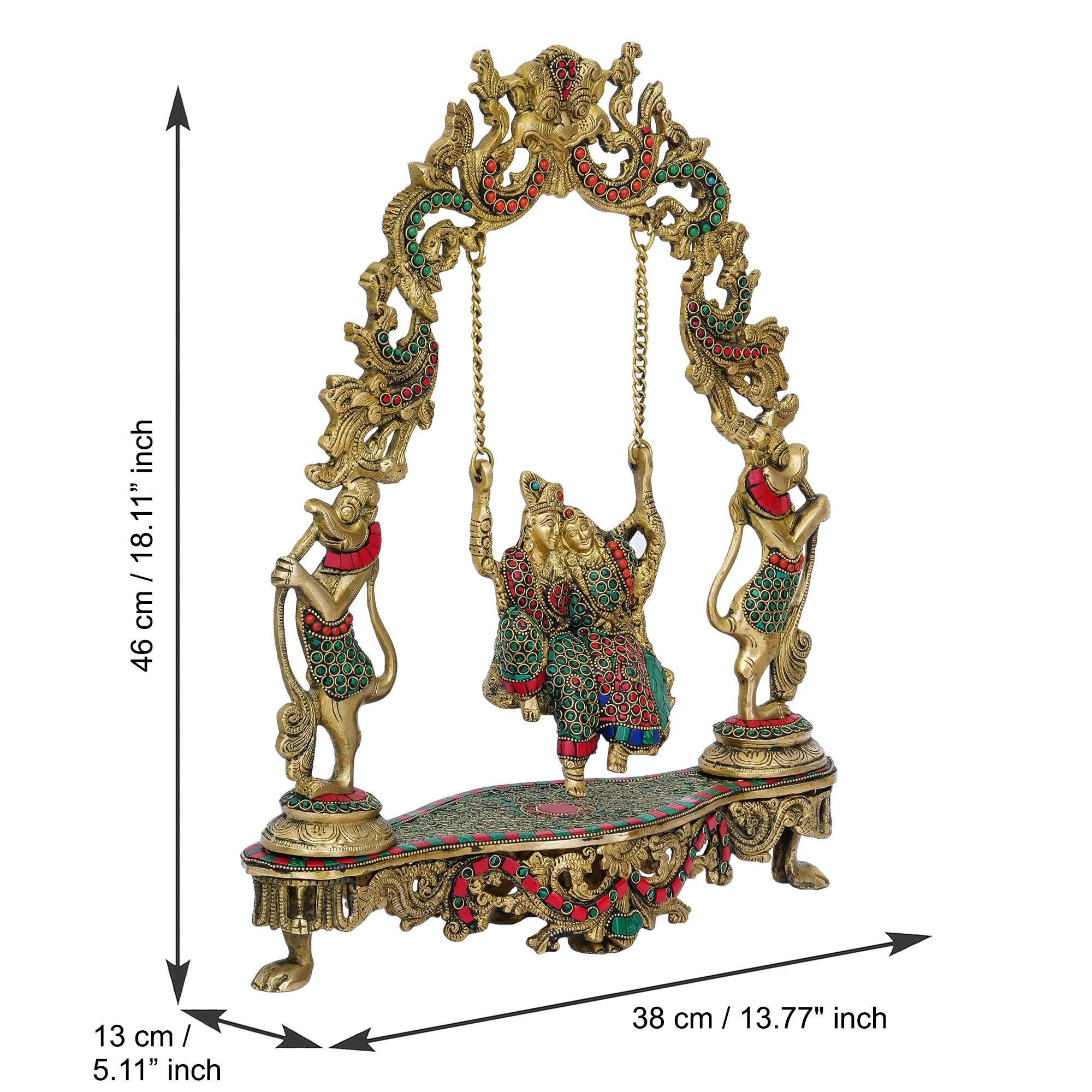 Brass Golden Radha Krishna on a Swing Statue with Handcrafted Stone Work (Red and Green) 3