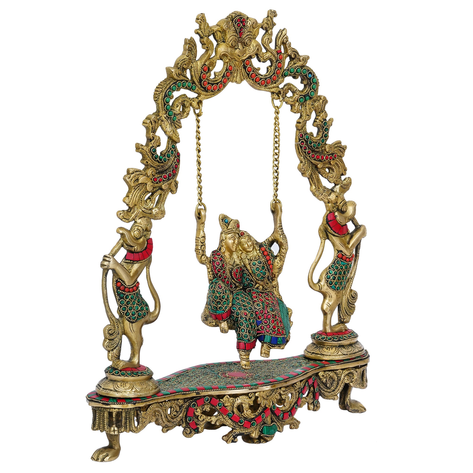 Brass Golden Radha Krishna on a Swing Statue with Handcrafted Stone Work (Red and Green) 4