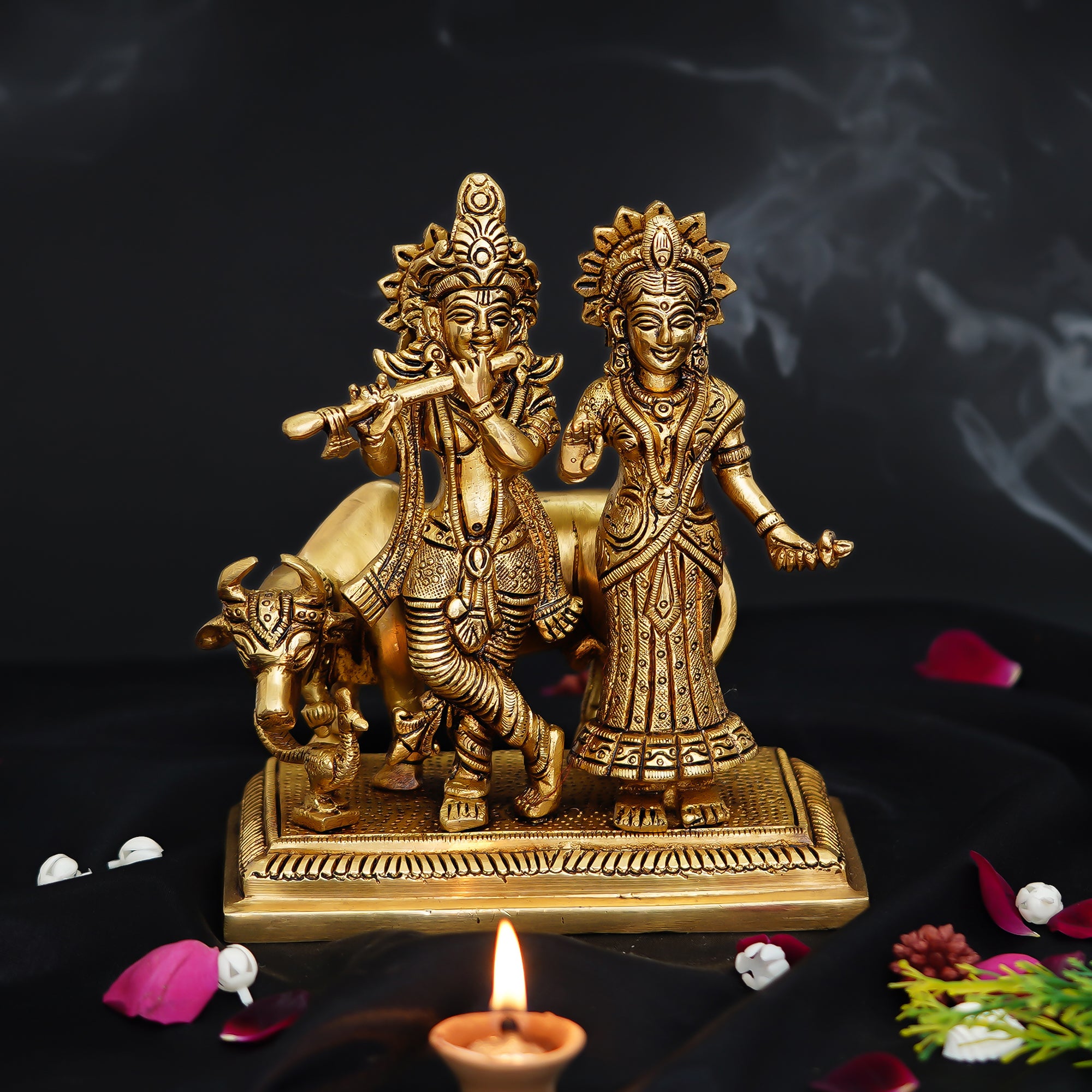 Brass Golden Radha Krishna with Cow Statue 1