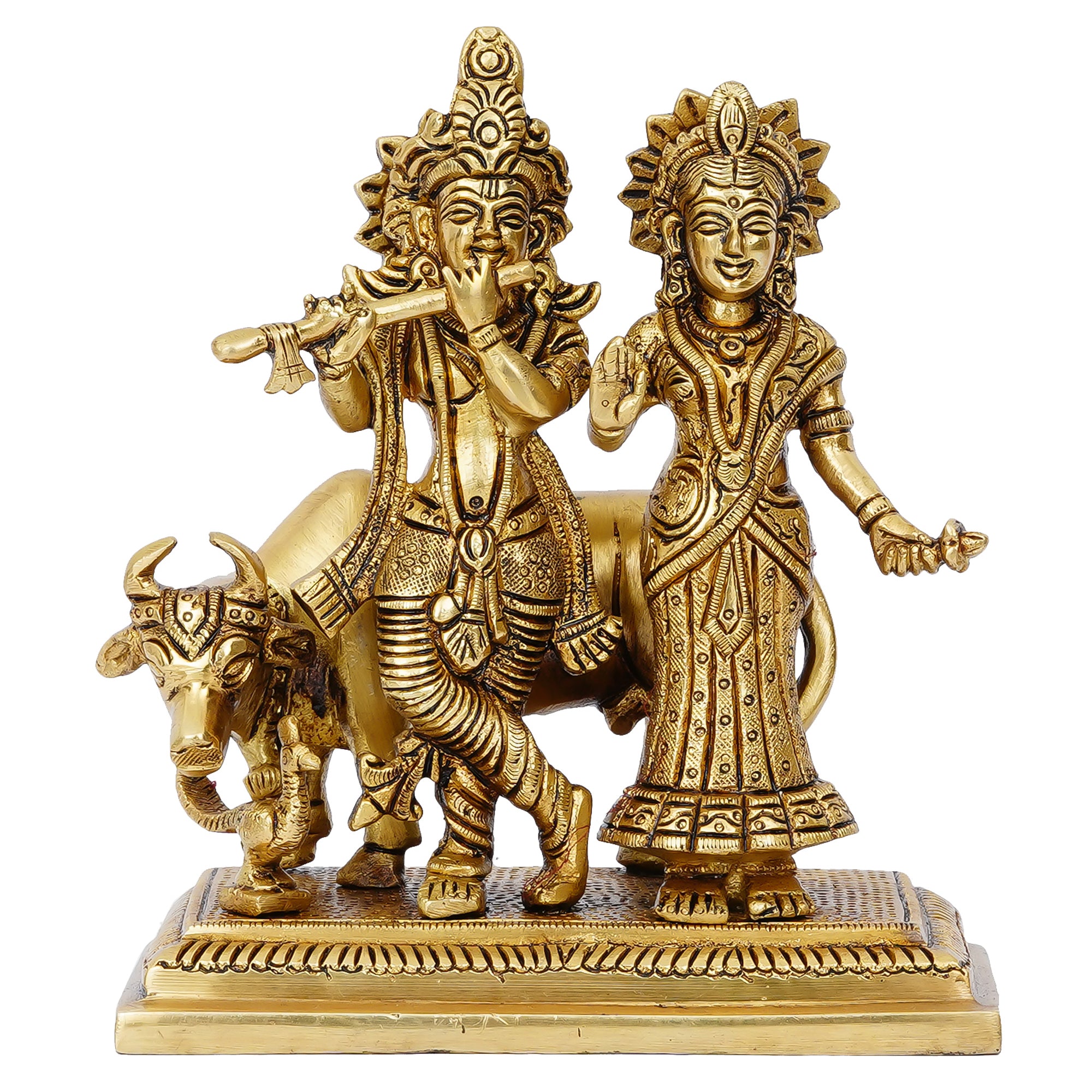 Brass Golden Radha Krishna with Cow Statue 2