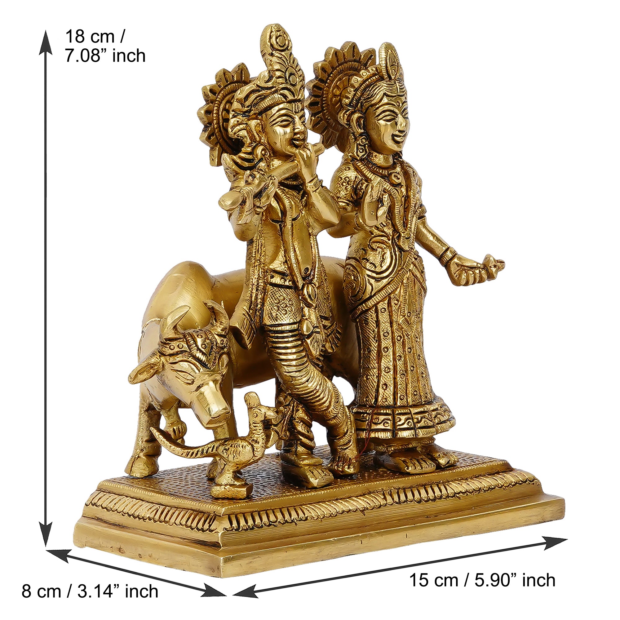 Brass Golden Radha Krishna with Cow Statue 3