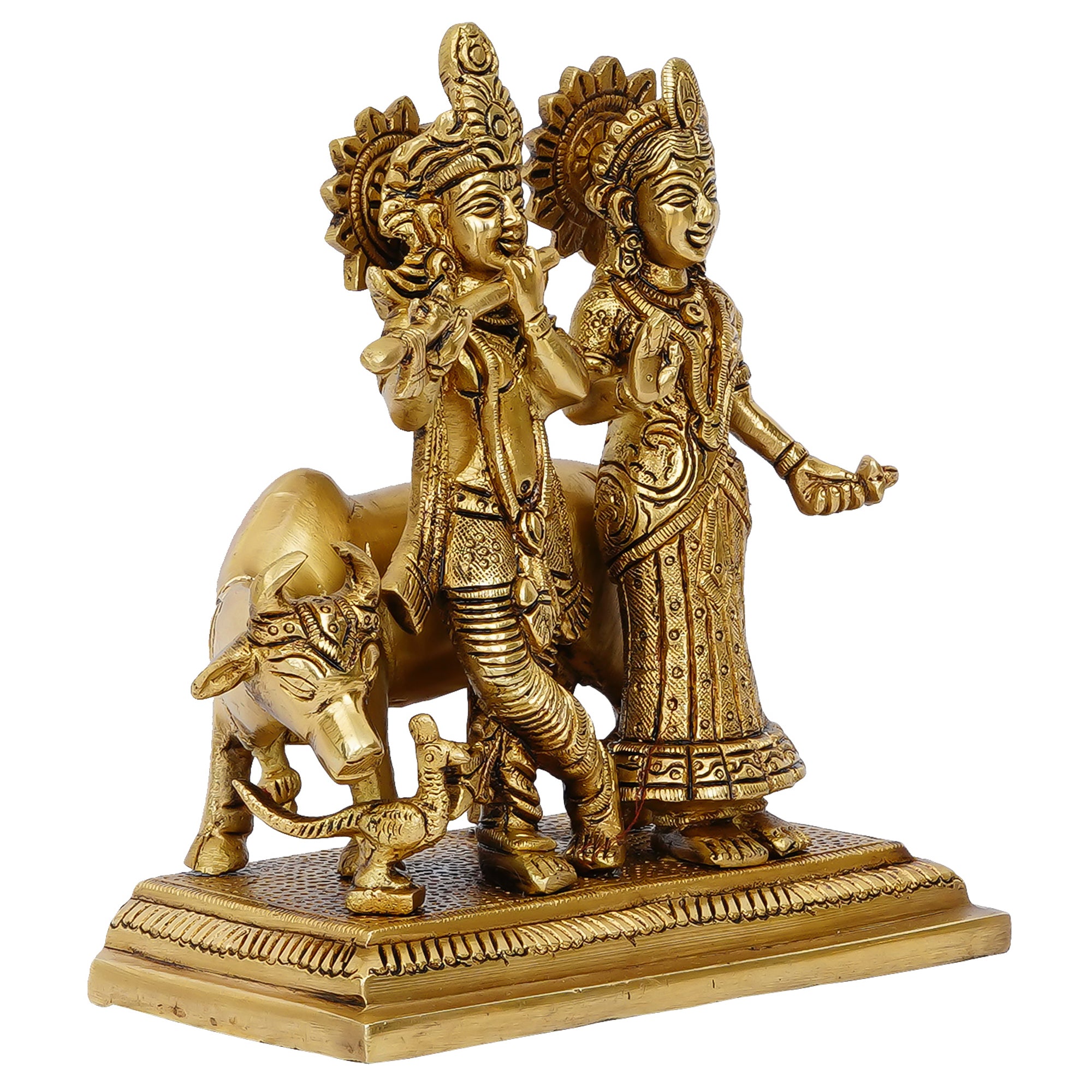 Brass Golden Radha Krishna with Cow Statue 4