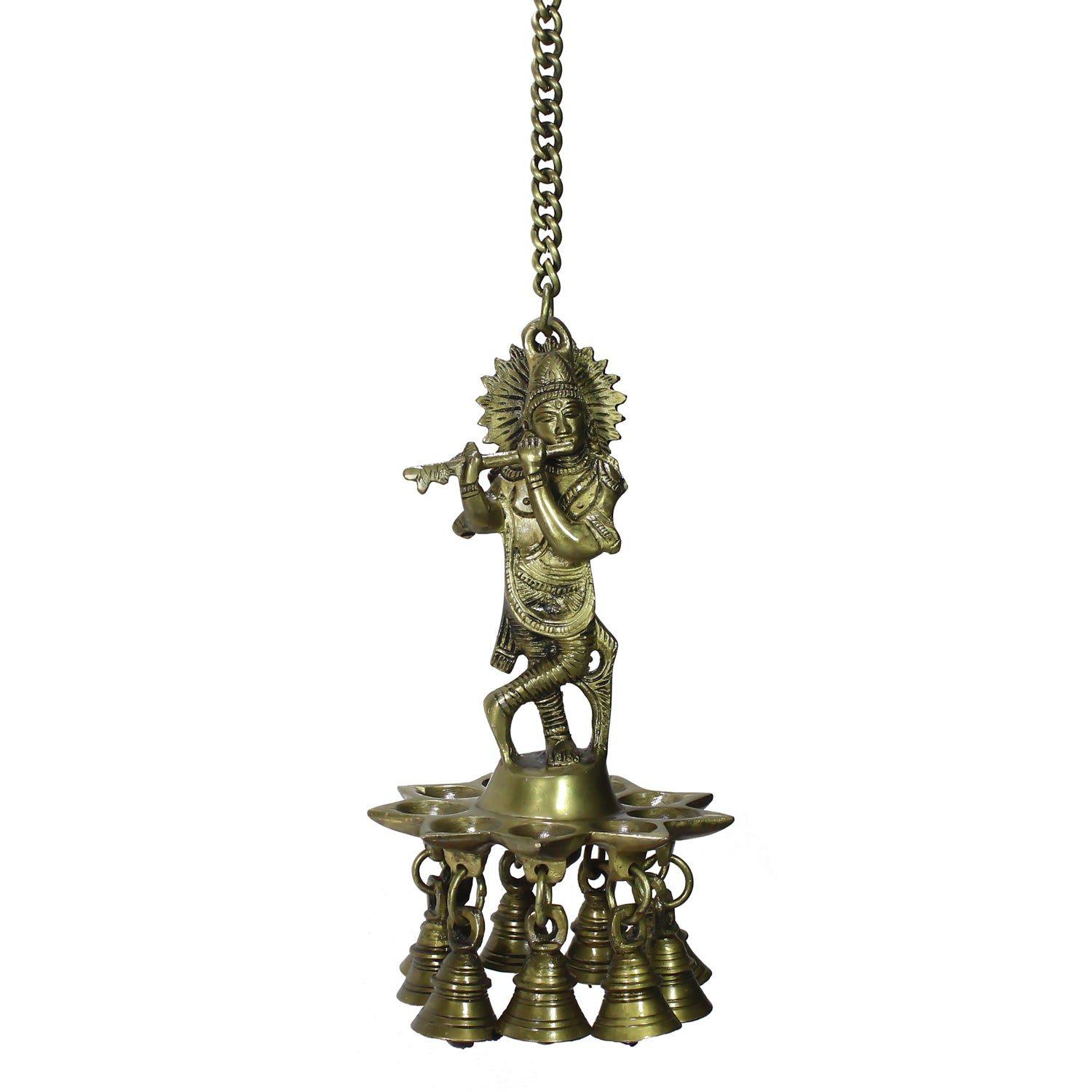 Brass Lord Krishna Playing Flute Wall Hanging with 9 Oil Wick Diya 2