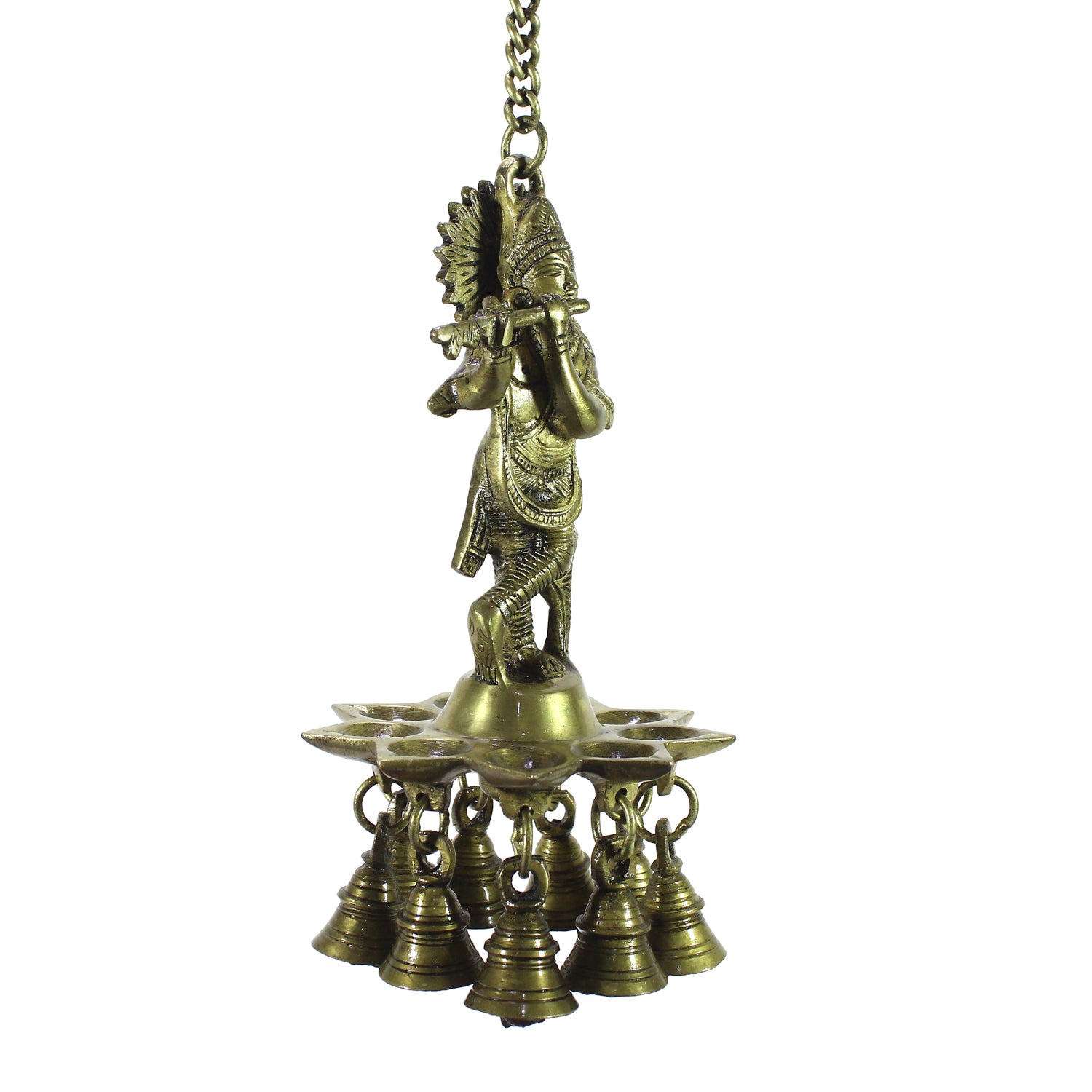 Brass Lord Krishna Playing Flute Wall Hanging with 9 Oil Wick Diya 4