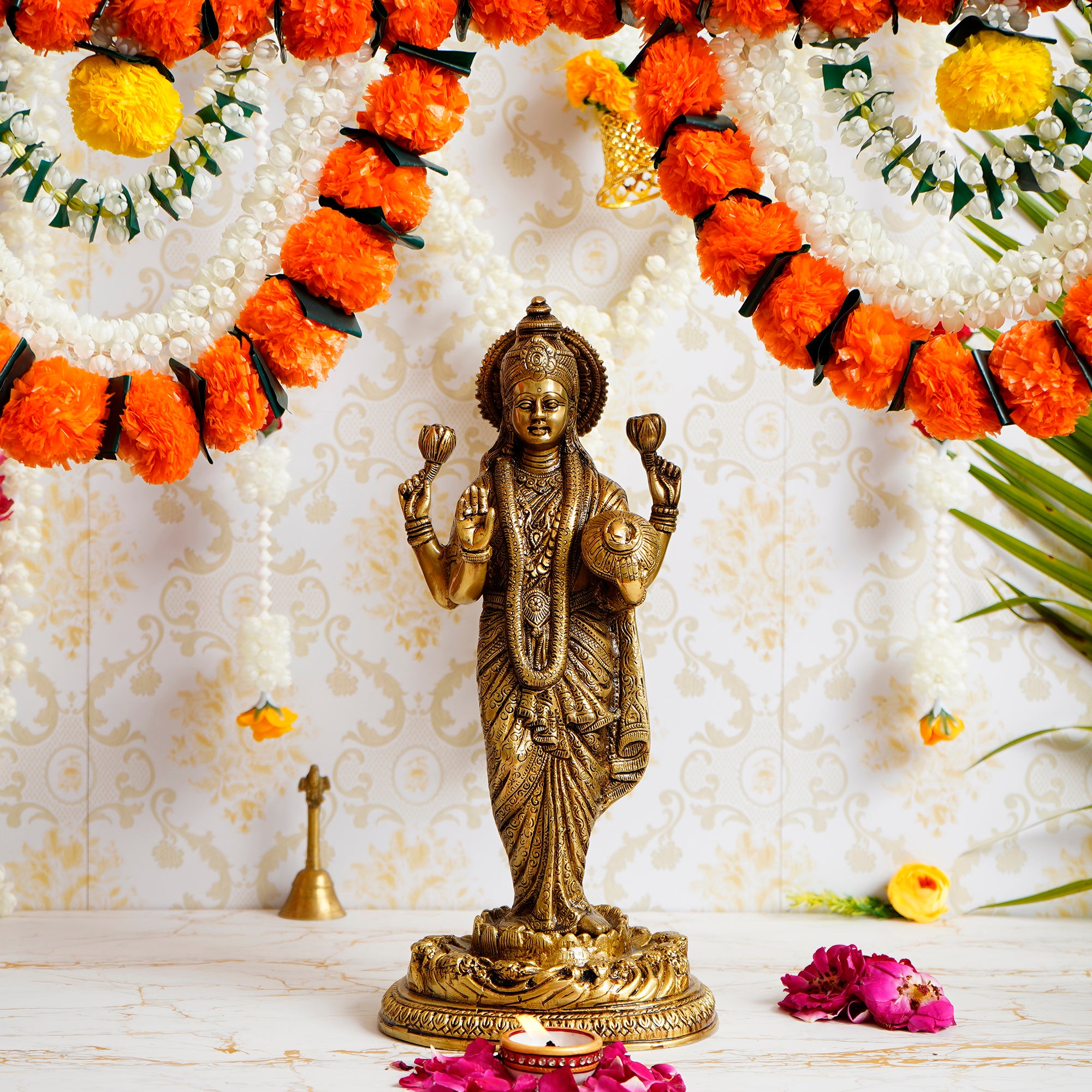 Golden Brass Handcrafted Standing Goddess Laxmi Idol