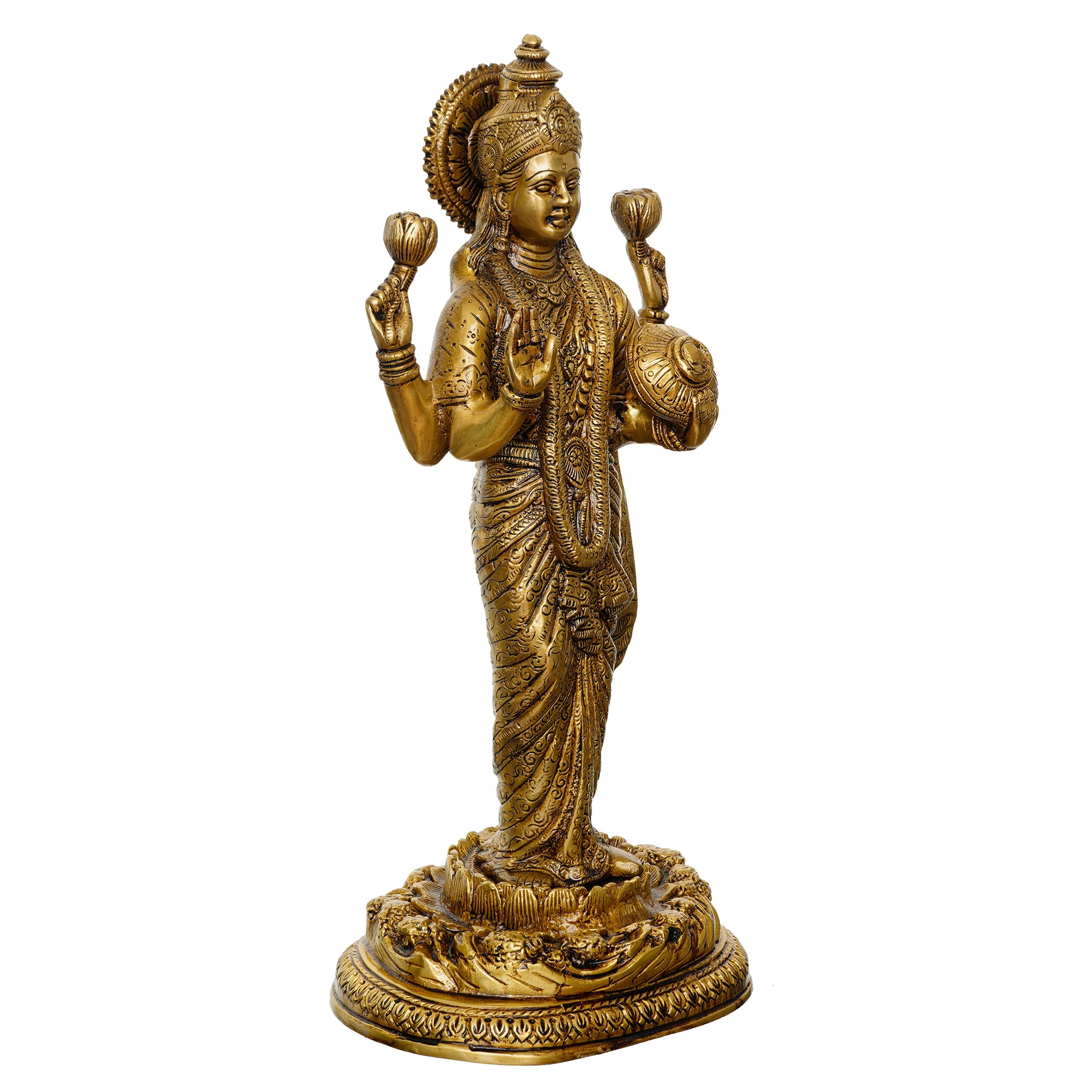 Golden Brass Handcrafted Standing Goddess Laxmi Idol 5