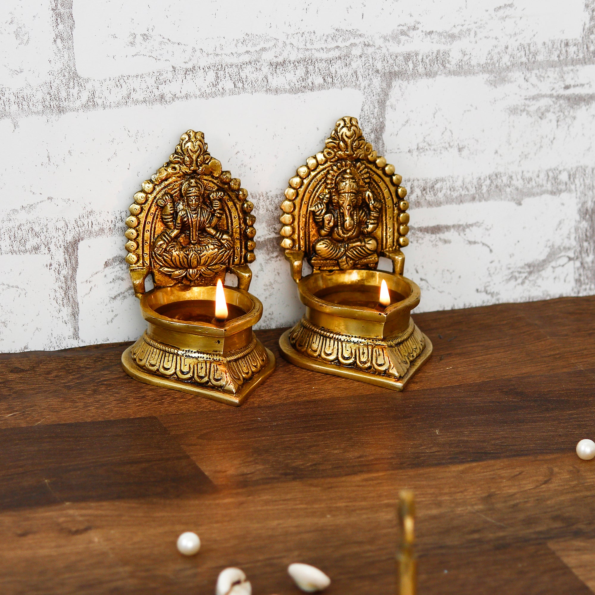 Brown & Gold Laxmi Ganesha Handcrafted Brass Diyas 1